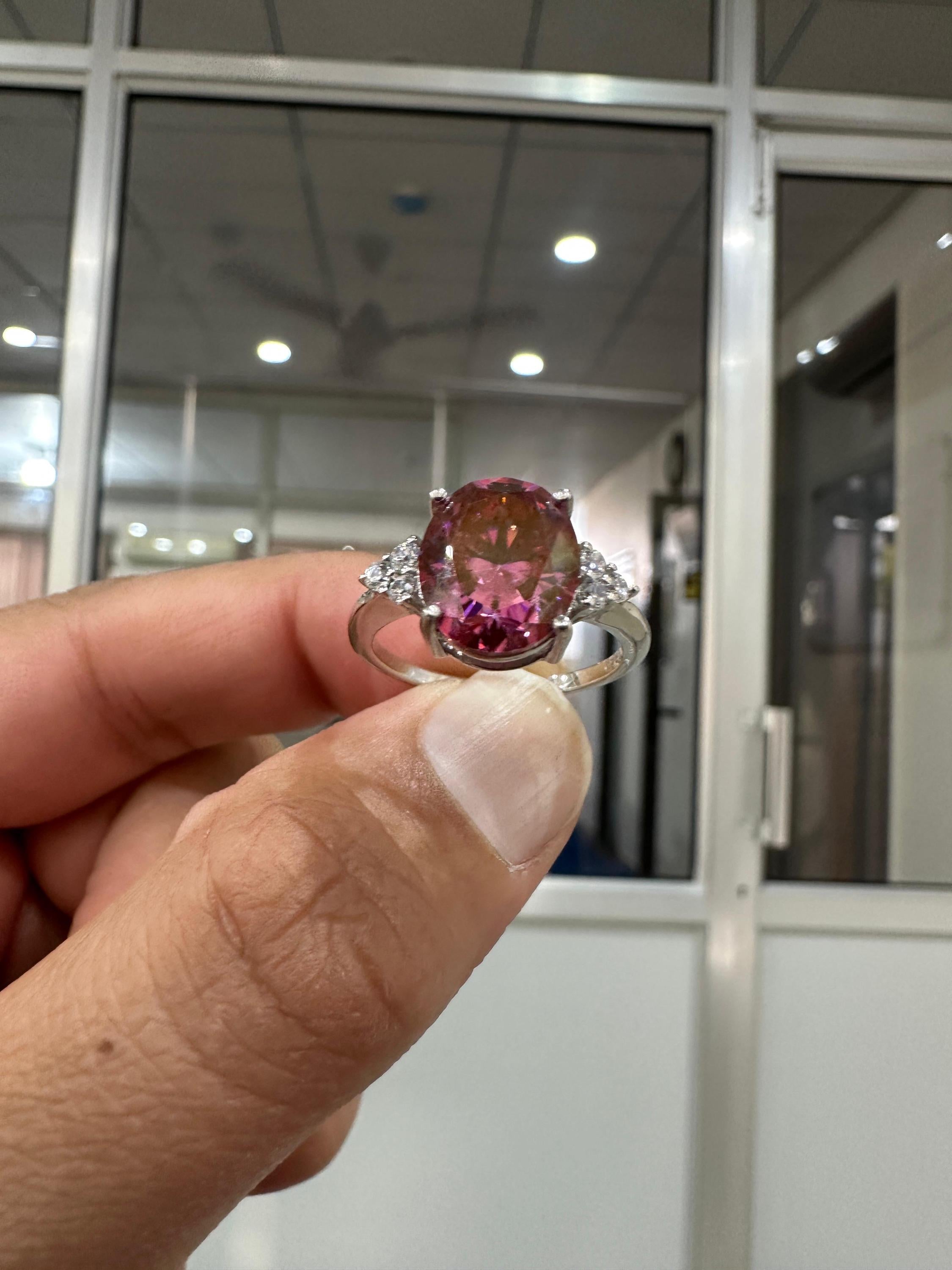 6 CT Oval Imperial Pink Moissanite Engagement Ring, 14K White Gold Three Stone Design