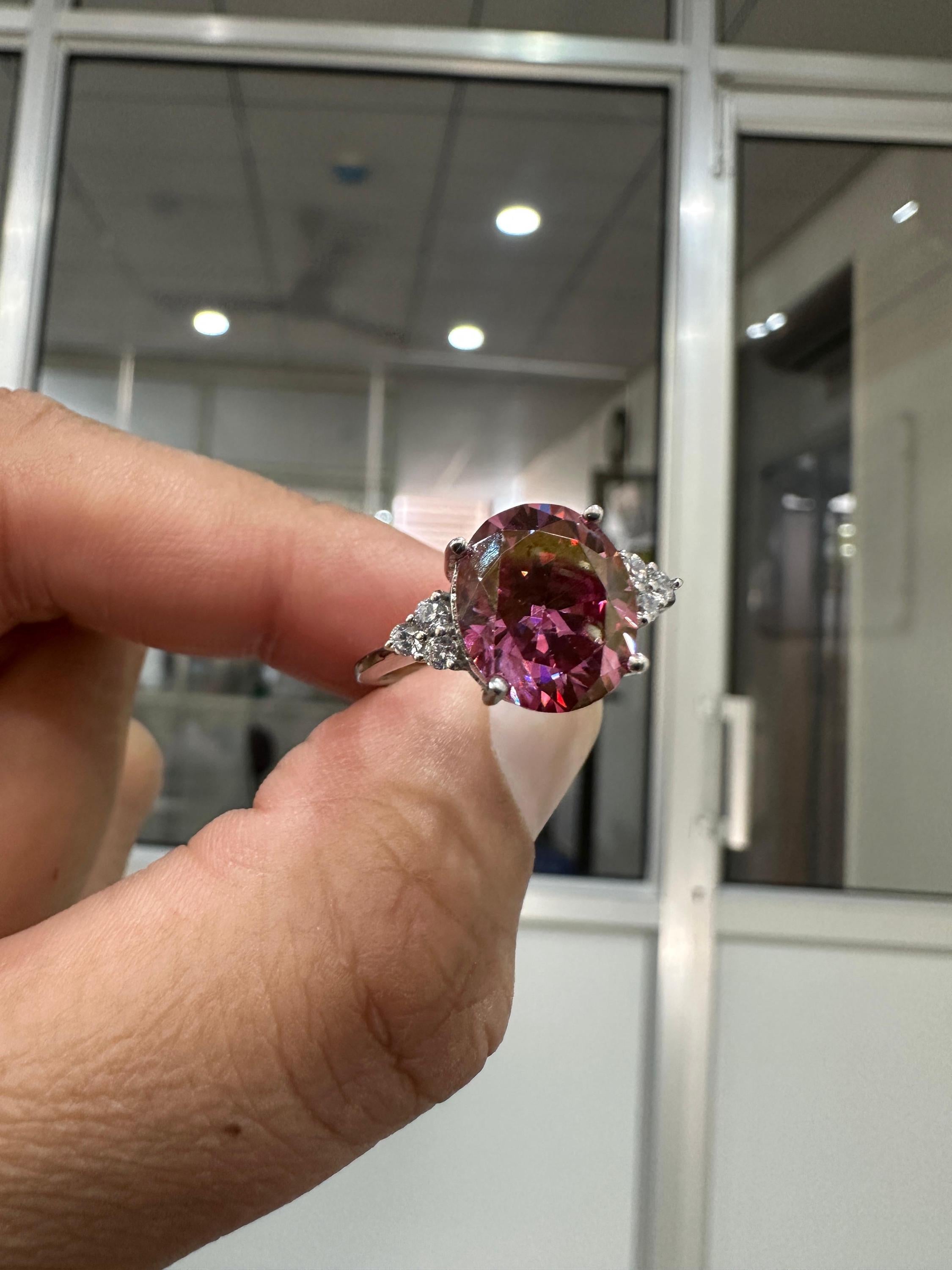 6 CT Oval Imperial Pink Moissanite Engagement Ring, 14K White Gold Three Stone Design