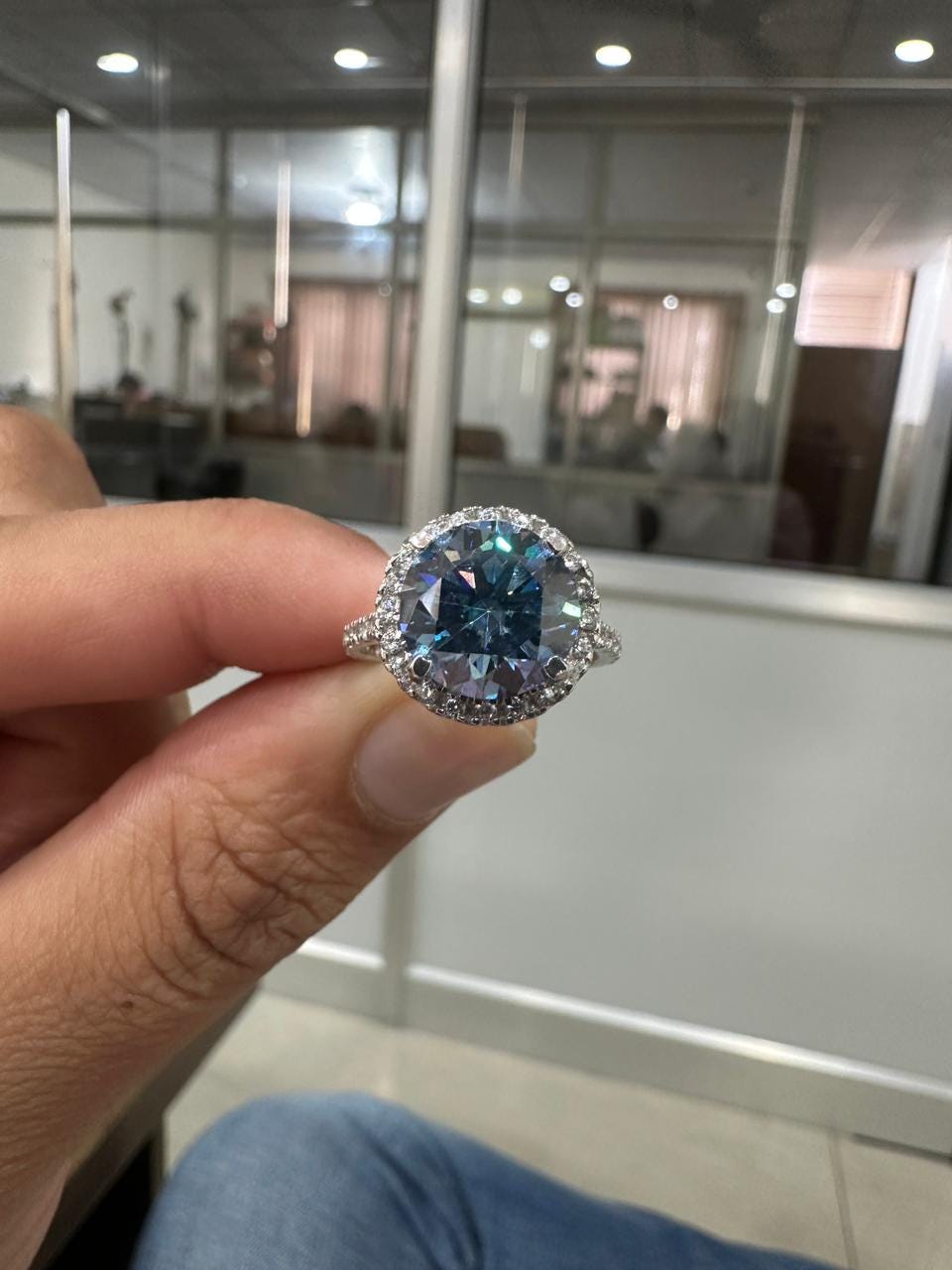 Blue Moissanite Engagement Ring | 14K White Gold Halo Pave Band, Gift for her