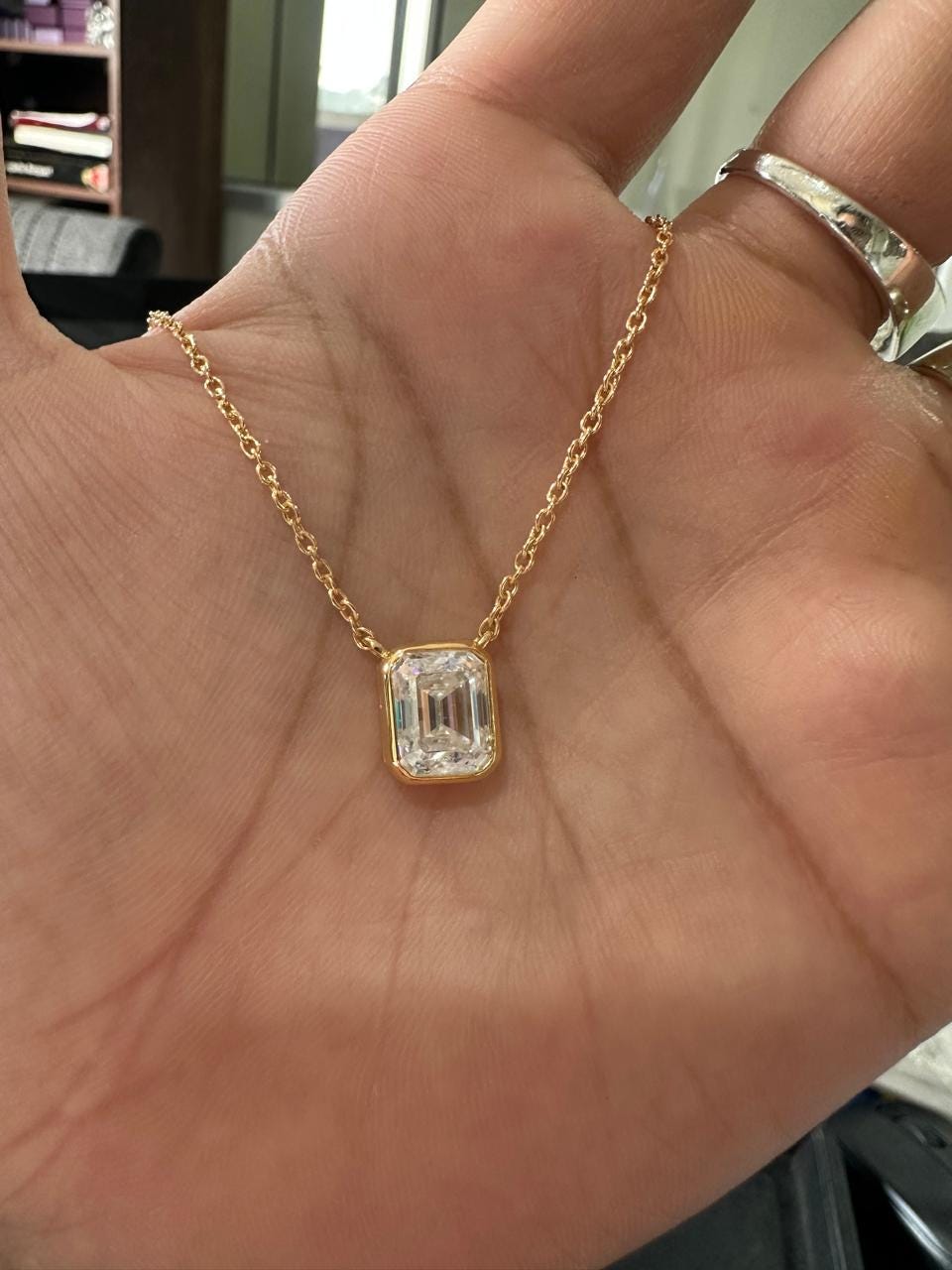 4 Ct Emerald Cut Moissanite Pendant Necklace, 14K Gold Vermeil Bezel Set
