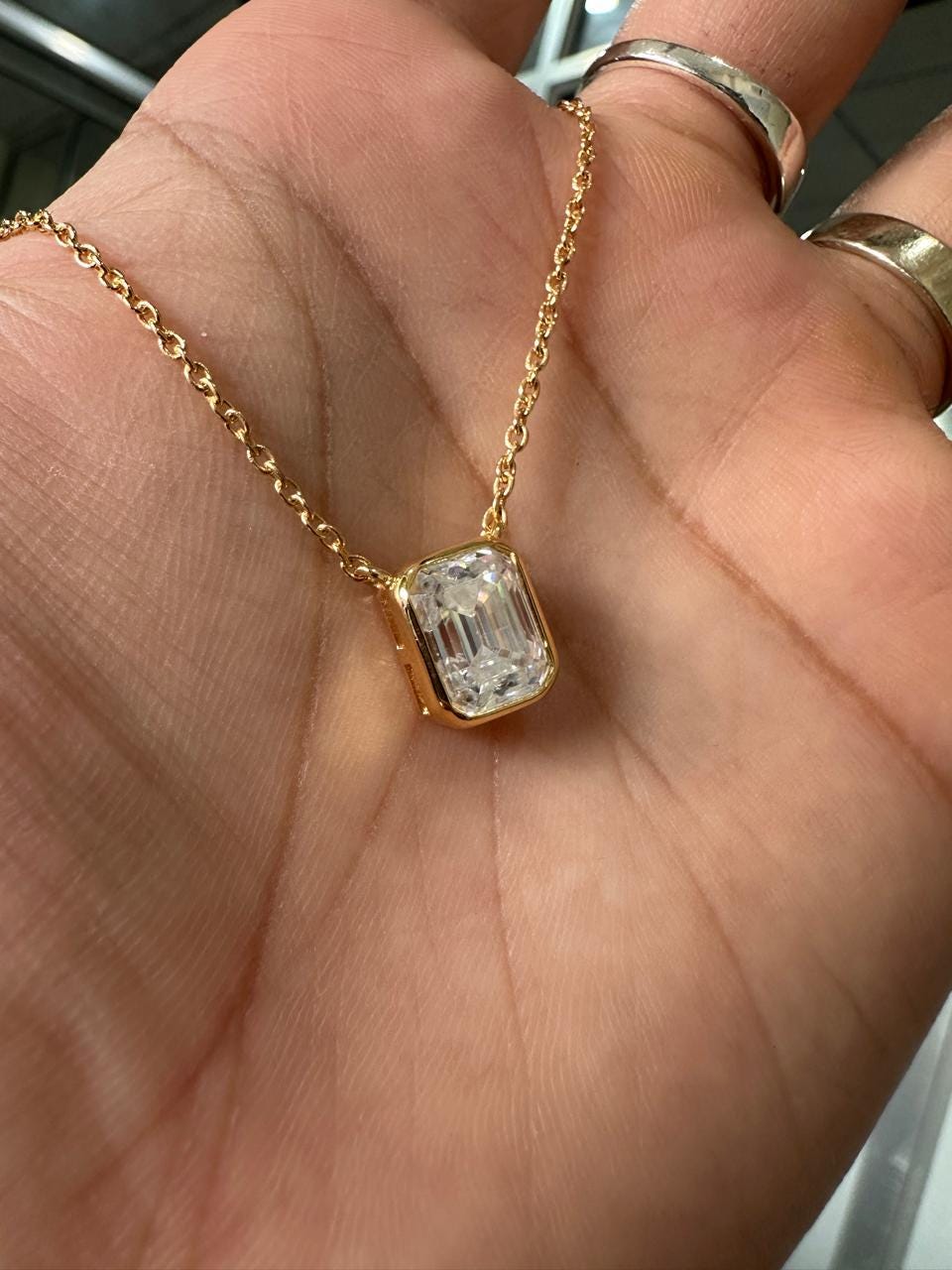4 Ct Emerald Cut Moissanite Pendant Necklace, 14K Gold Vermeil Bezel Set