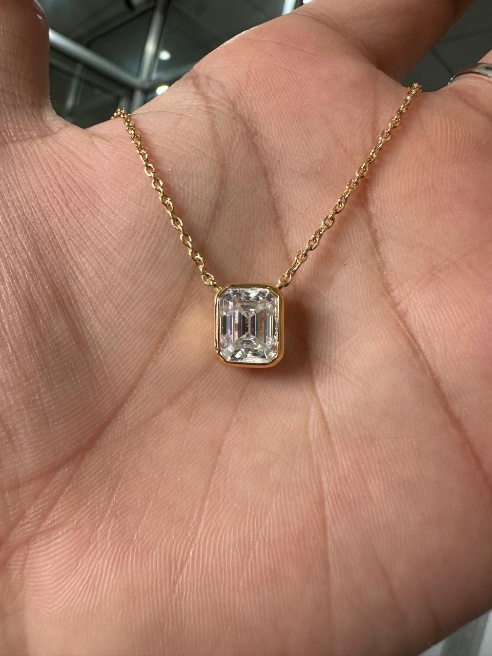 4 Ct Emerald Cut Moissanite Pendant Necklace, 14K Gold Vermeil Bezel Set