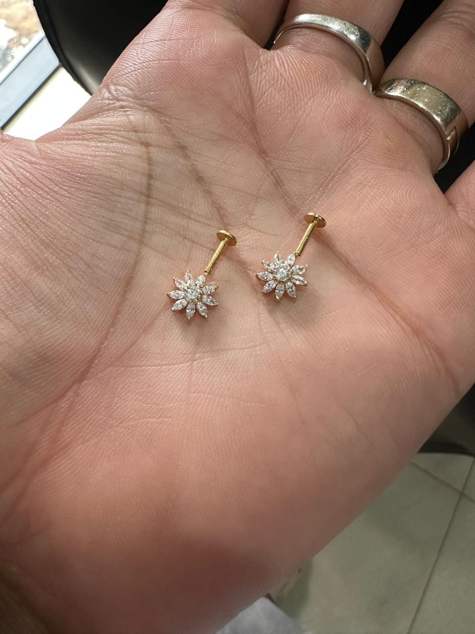 14K Yellow Gold Moissanite Flower Earrings | South Screw Lock Earrings for women
