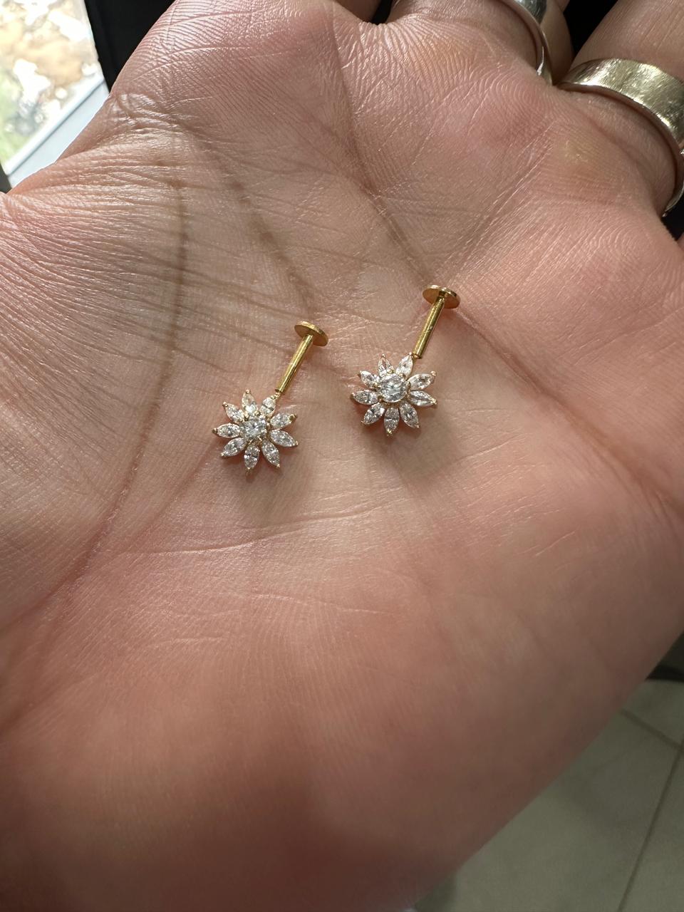 14K Yellow Gold Moissanite Flower Earrings | South Screw Lock Earrings for women