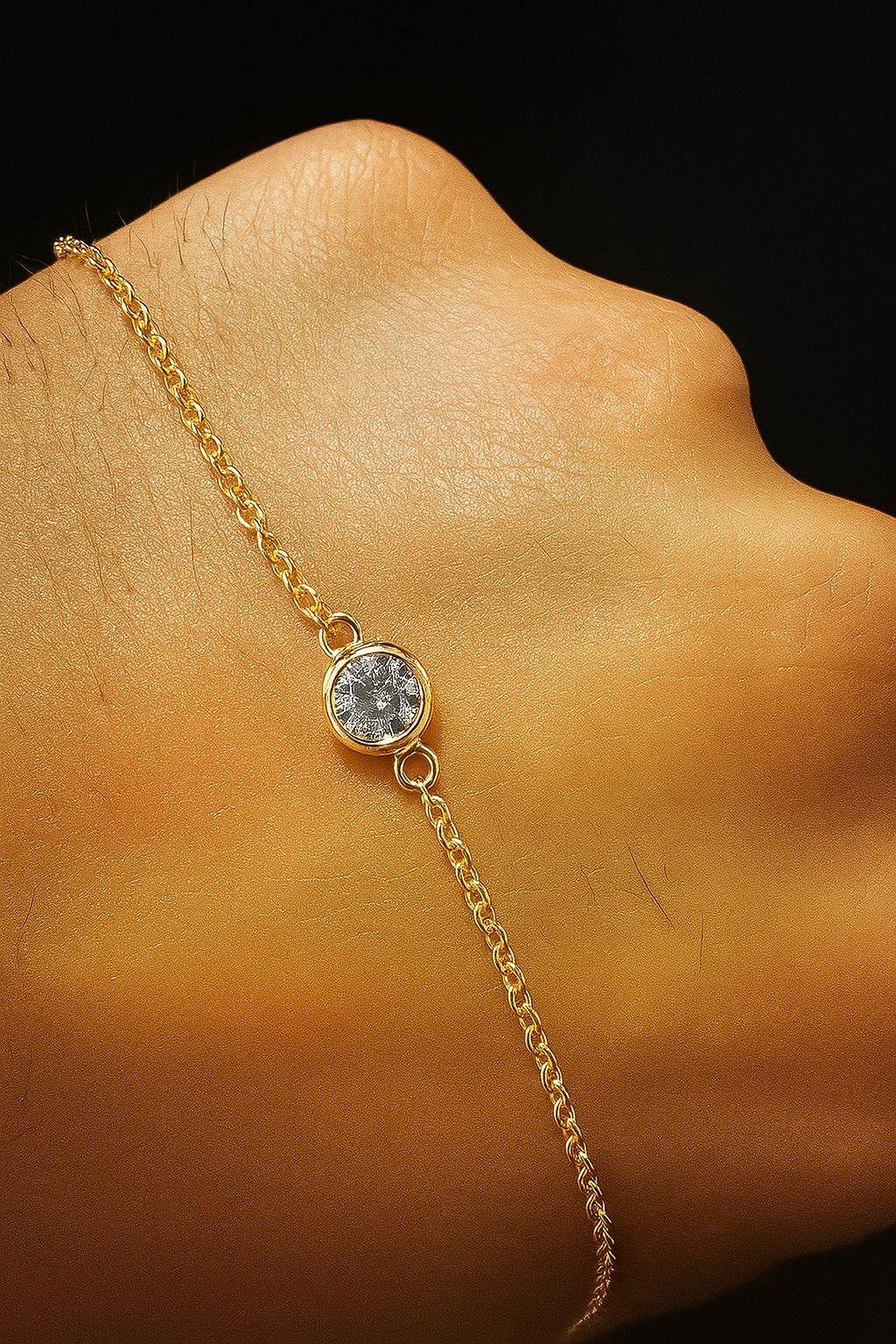 Bezel Set Moissanite Bracelet | 14K Gold Vermeil, Dainty Chain Bracelet