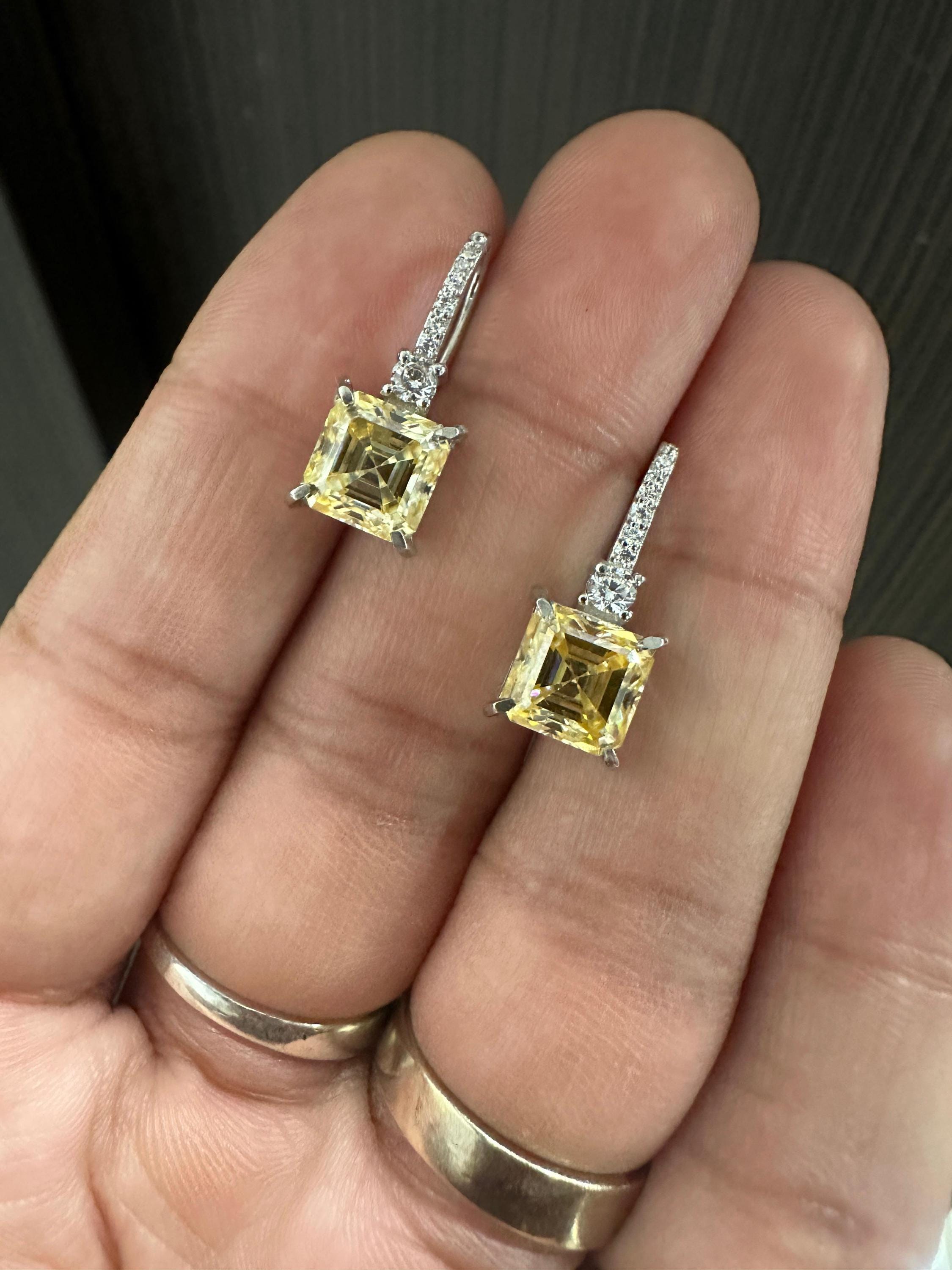 5 CT Yellow Moissanite Asscher Cut Drop Earrings | 14K White Gold, Diamond Accents