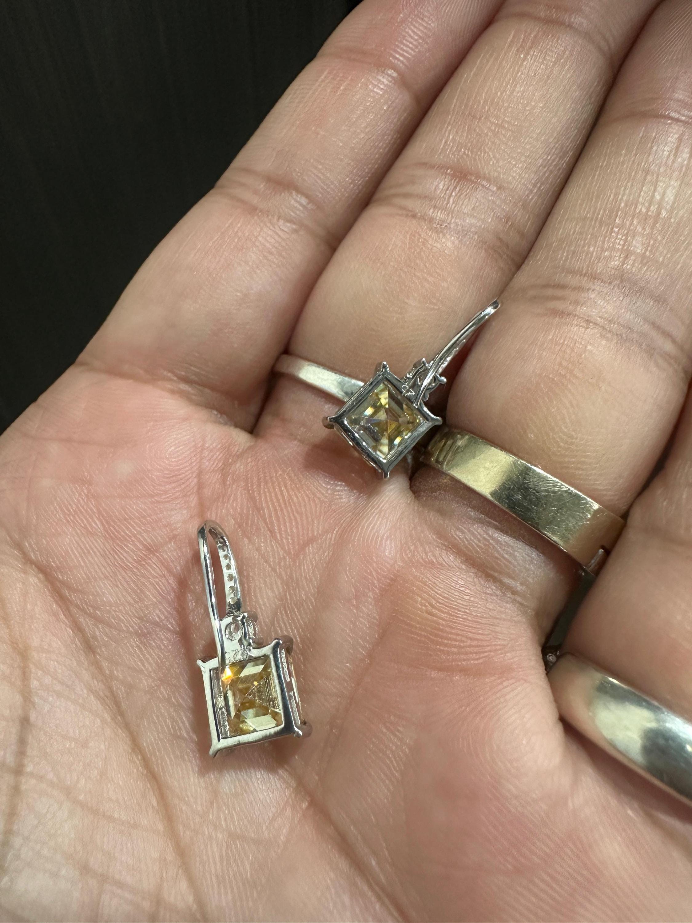 5 CT Yellow Moissanite Asscher Cut Drop Earrings | 14K White Gold, Diamond Accents