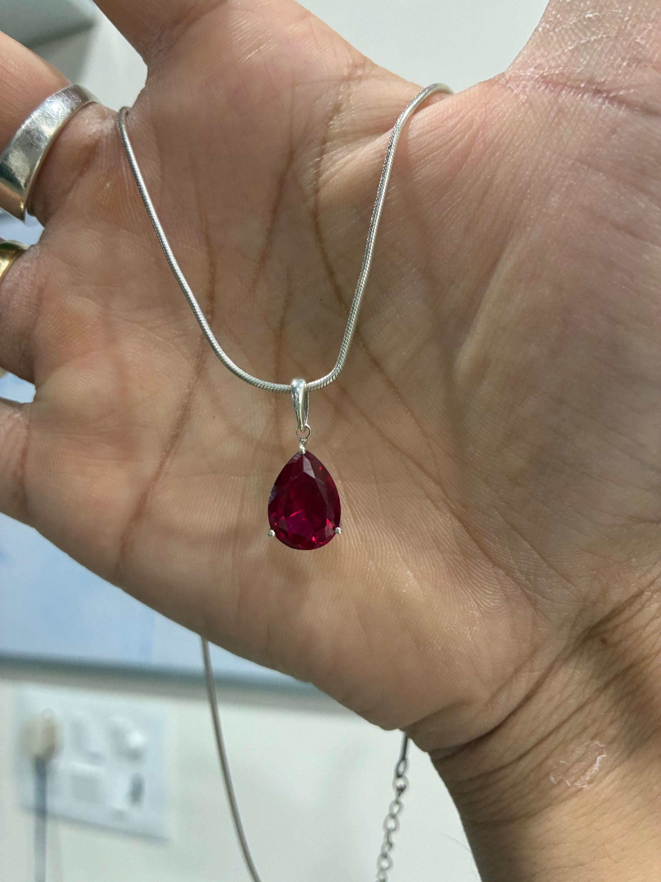 6 CT Pear Cut Ruby Pendant Necklace, 14K White Gold, July Birthstone Jewelry