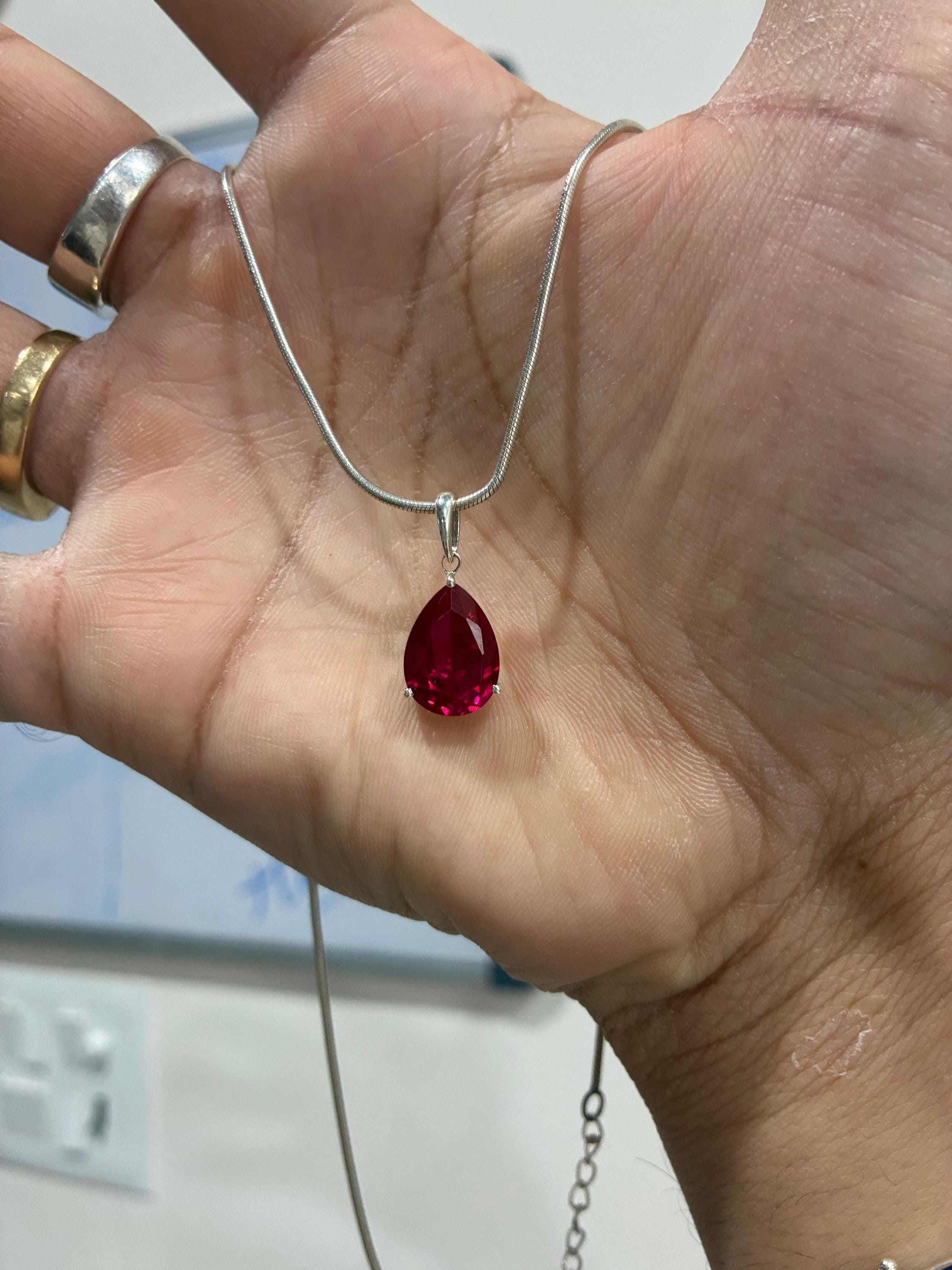 6 CT Pear Cut Ruby Pendant Necklace, 14K White Gold, July Birthstone Jewelry