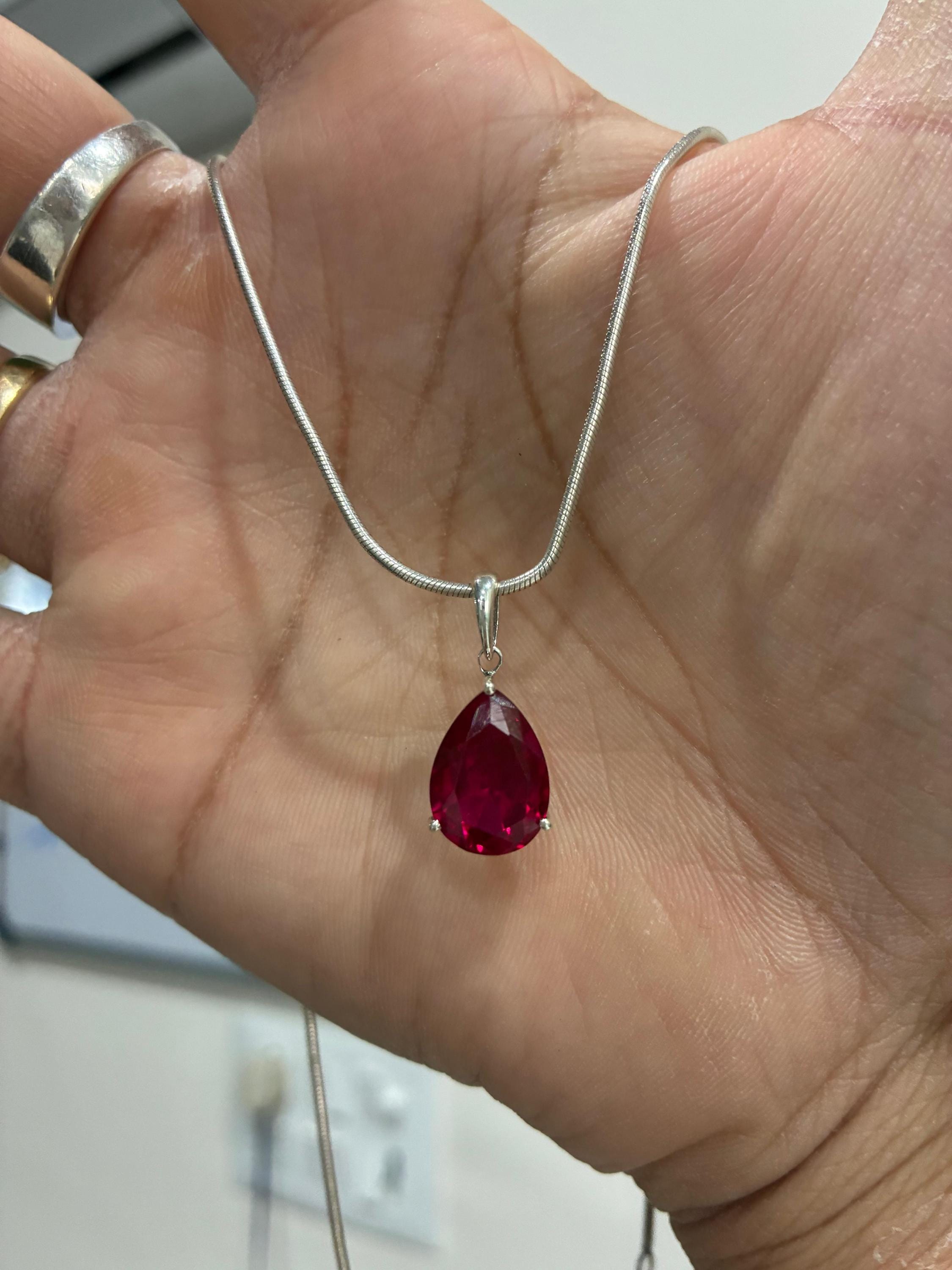 6 CT Pear Cut Ruby Pendant Necklace, 14K White Gold, July Birthstone Jewelry