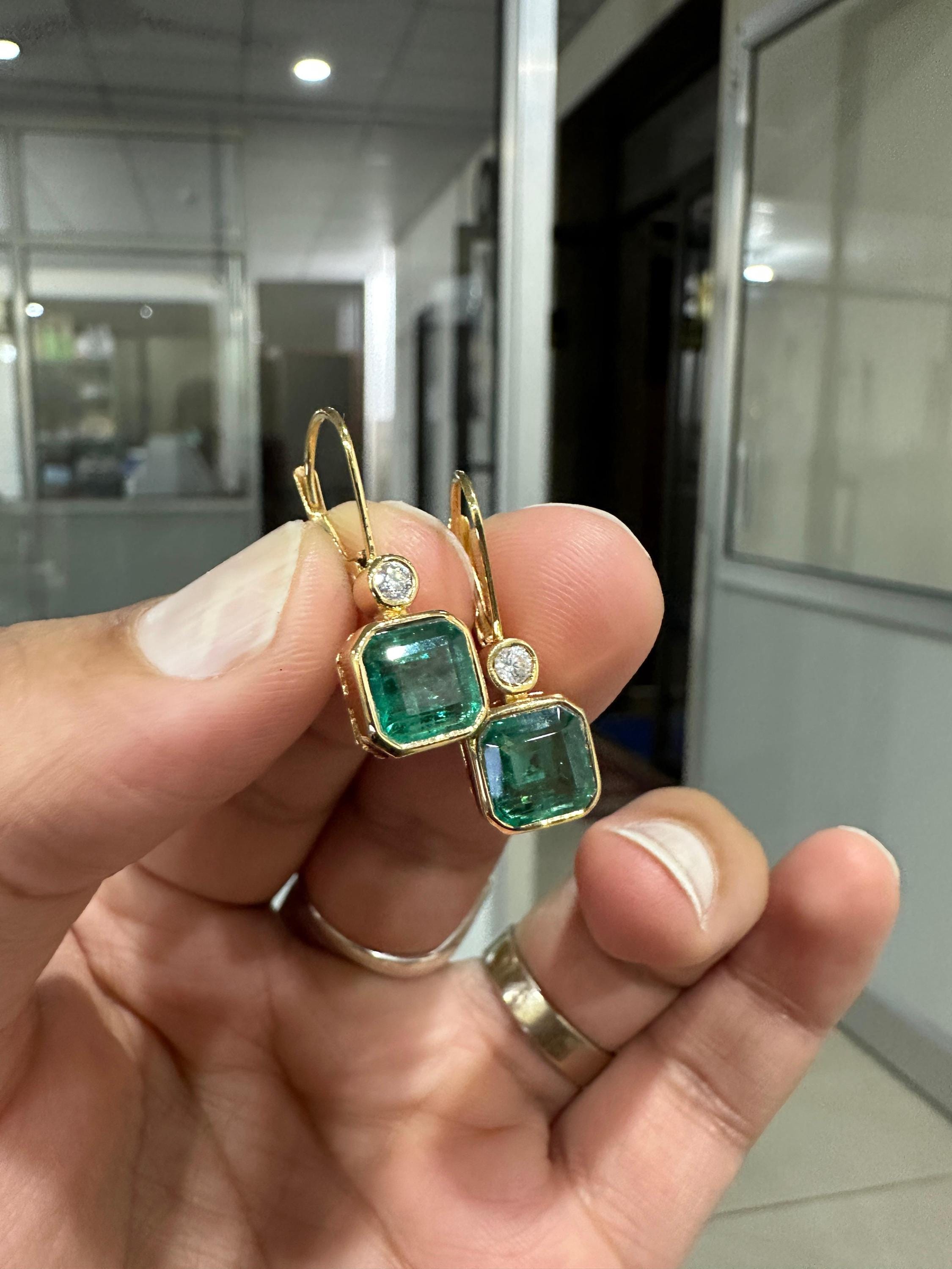 14K Gold Emerald Diamond Lever Back Earrings, Rare Gemstone Earrings