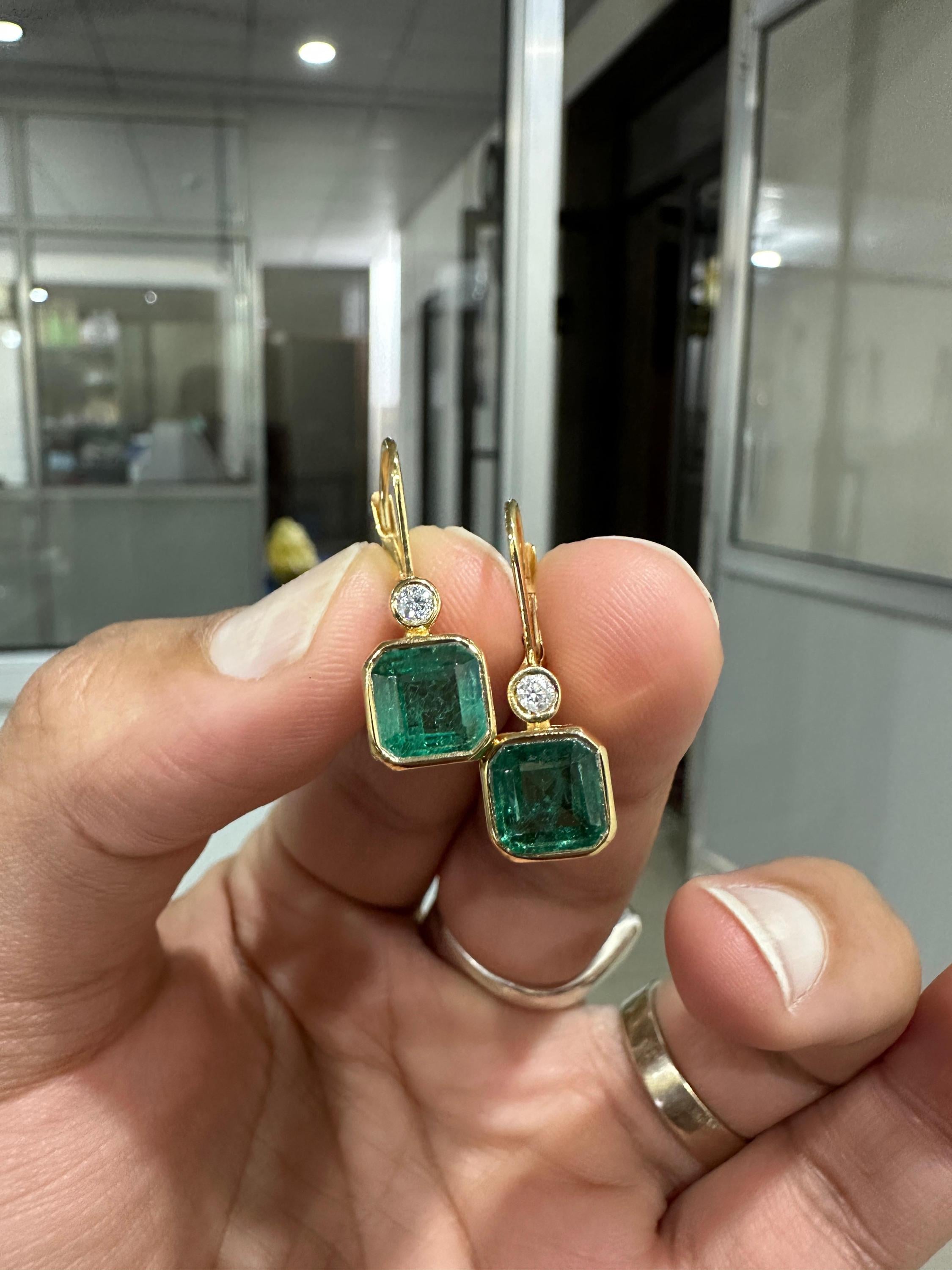 14K Gold Emerald Diamond Lever Back Earrings, Rare Gemstone Earrings