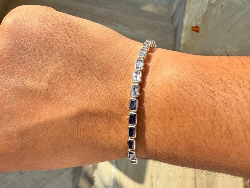 Sapphire Tennis Bracelet | 925 Sterling Silver, Men's Luxury Gemstone Bracelet