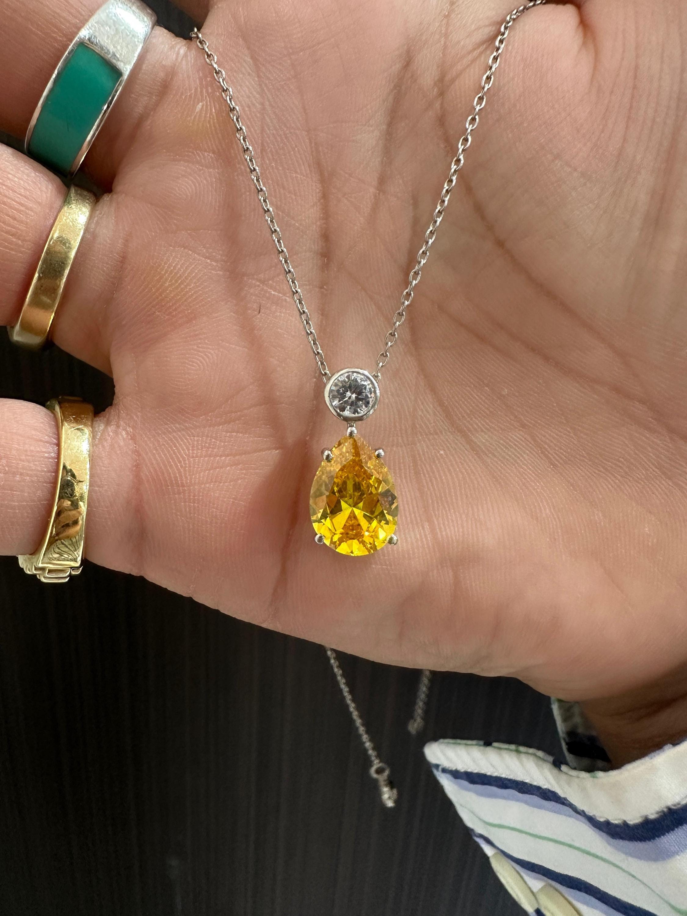 6CT Lab Yellow Diamond Pear Drop Pendant | Moissanite Accent, Platinum Finish