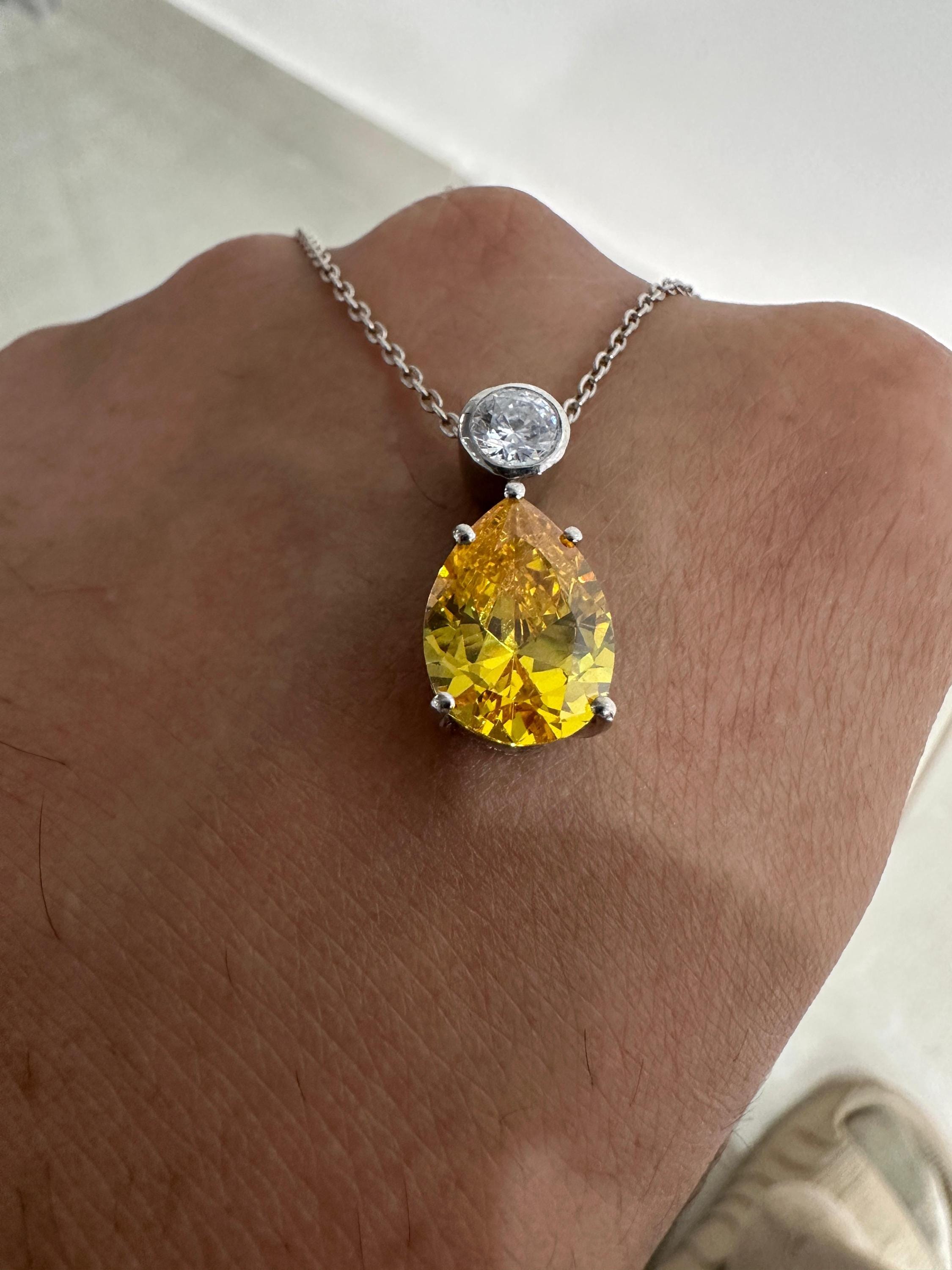 6CT Lab Yellow Diamond Pear Drop Pendant | Moissanite Accent, Platinum Finish