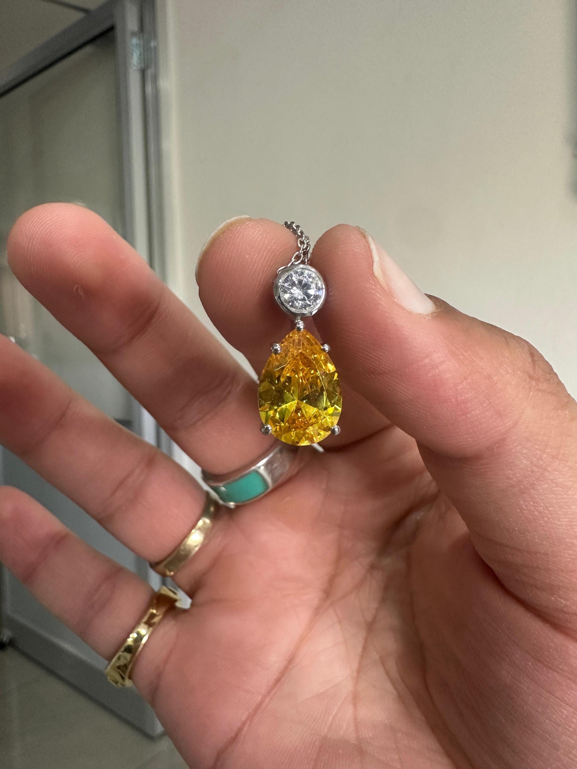 6CT Lab Yellow Diamond Pear Drop Pendant | Moissanite Accent, Platinum Finish
