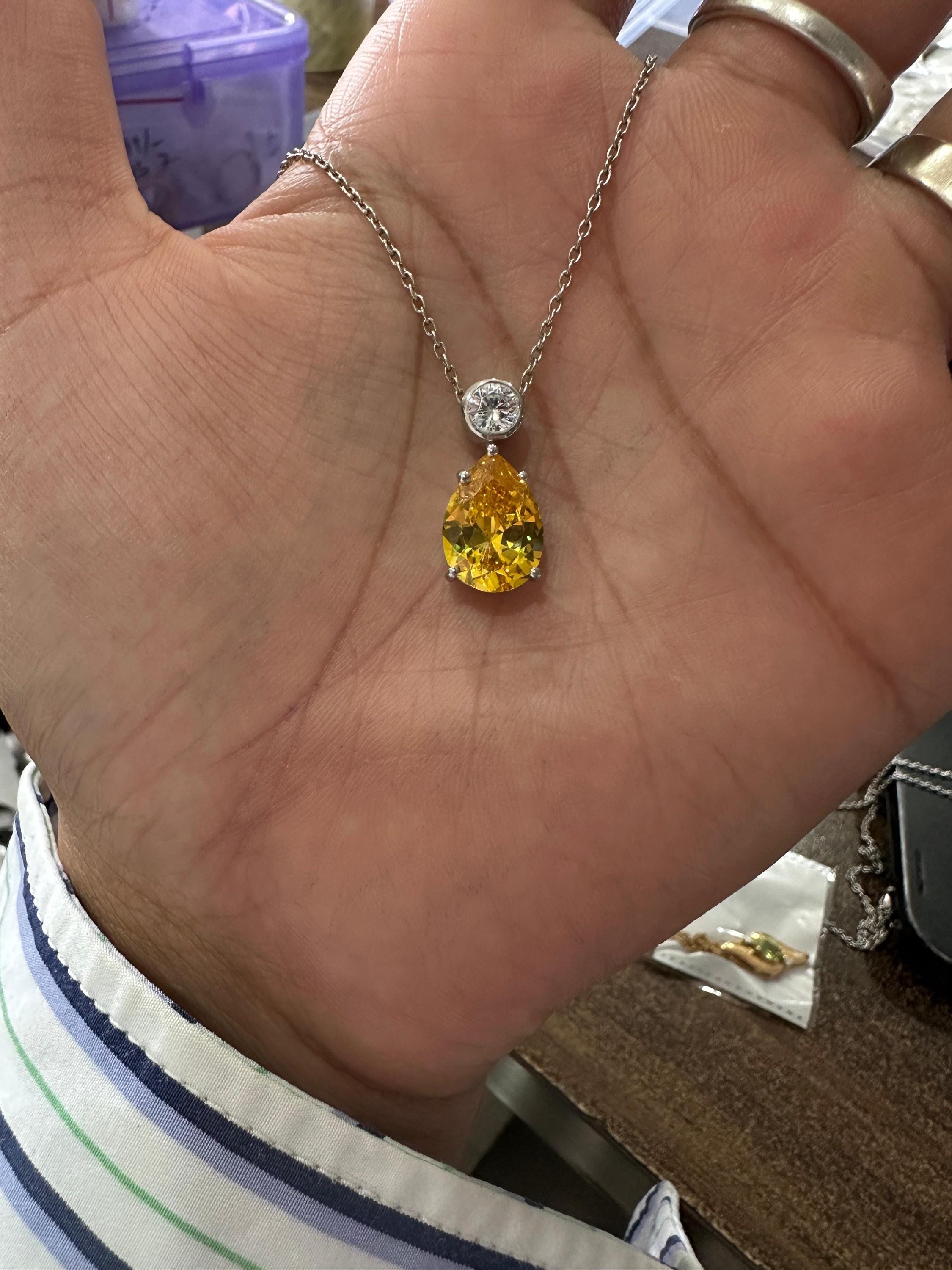 6CT Lab Yellow Diamond Pear Drop Pendant | Moissanite Accent, Platinum Finish