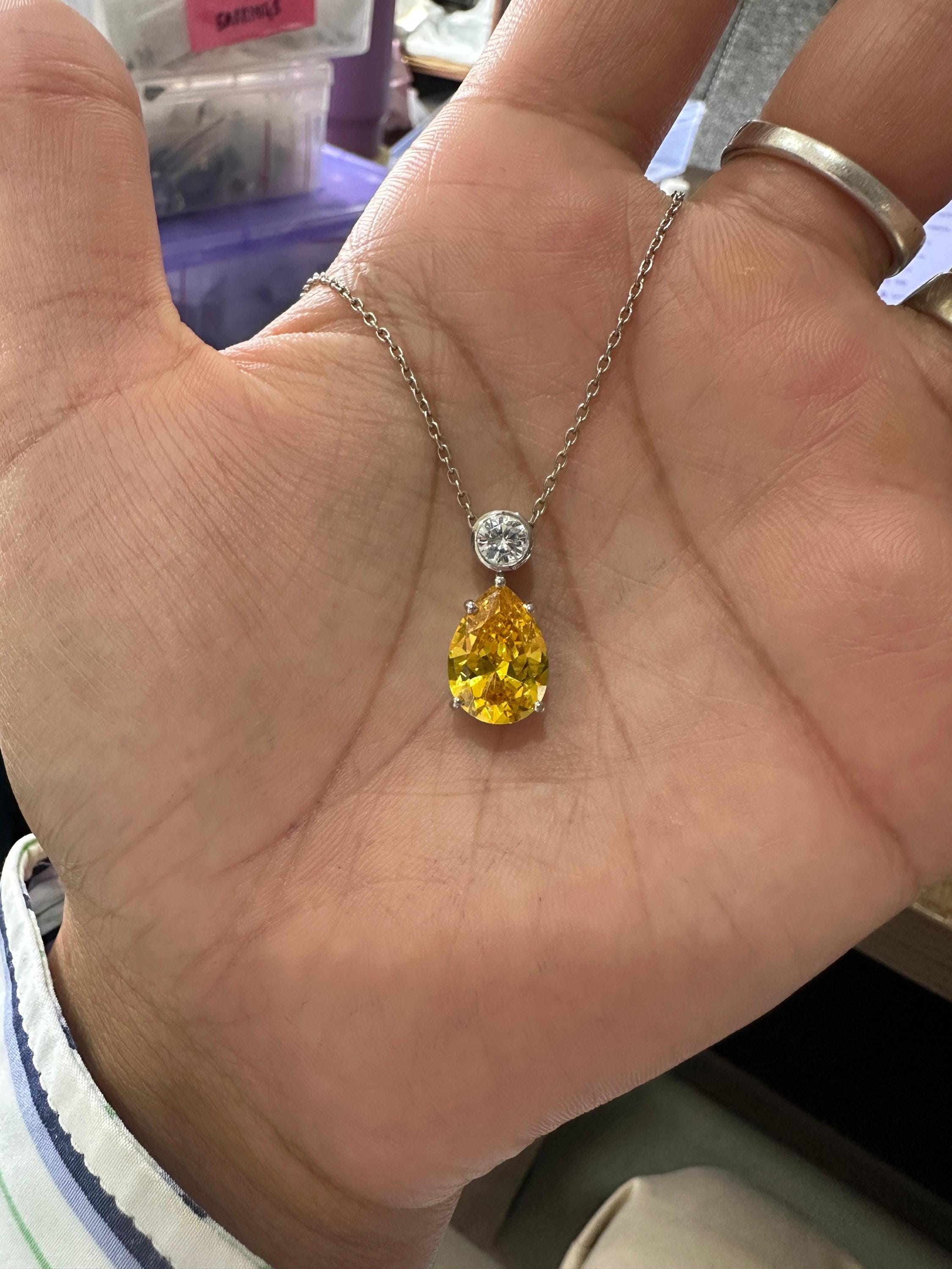 6CT Lab Yellow Diamond Pear Drop Pendant | Moissanite Accent, Platinum Finish
