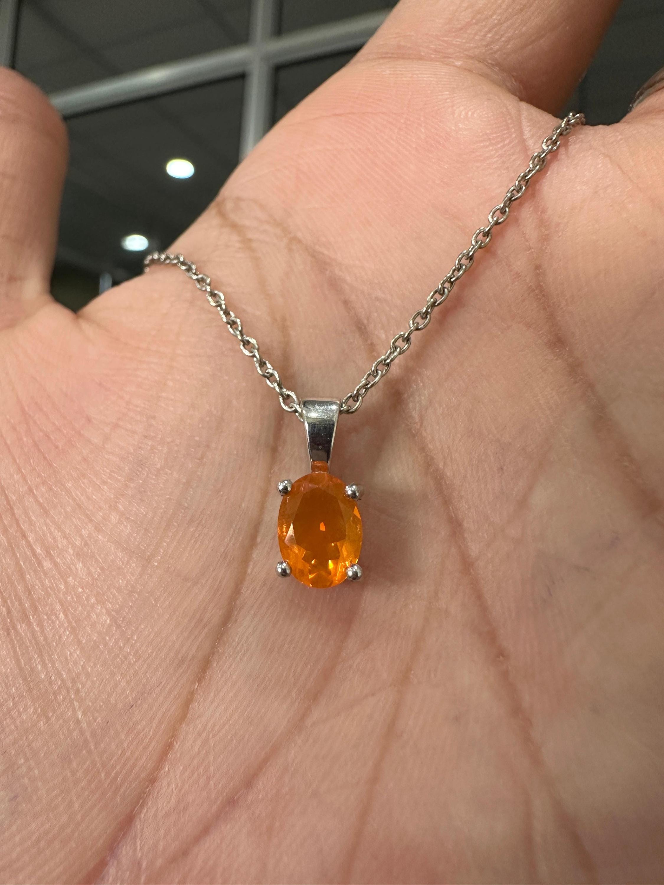 1CT Mexican Fire Opal Pendant | 925 Silver Minimal Necklace | Jewelry for Gift