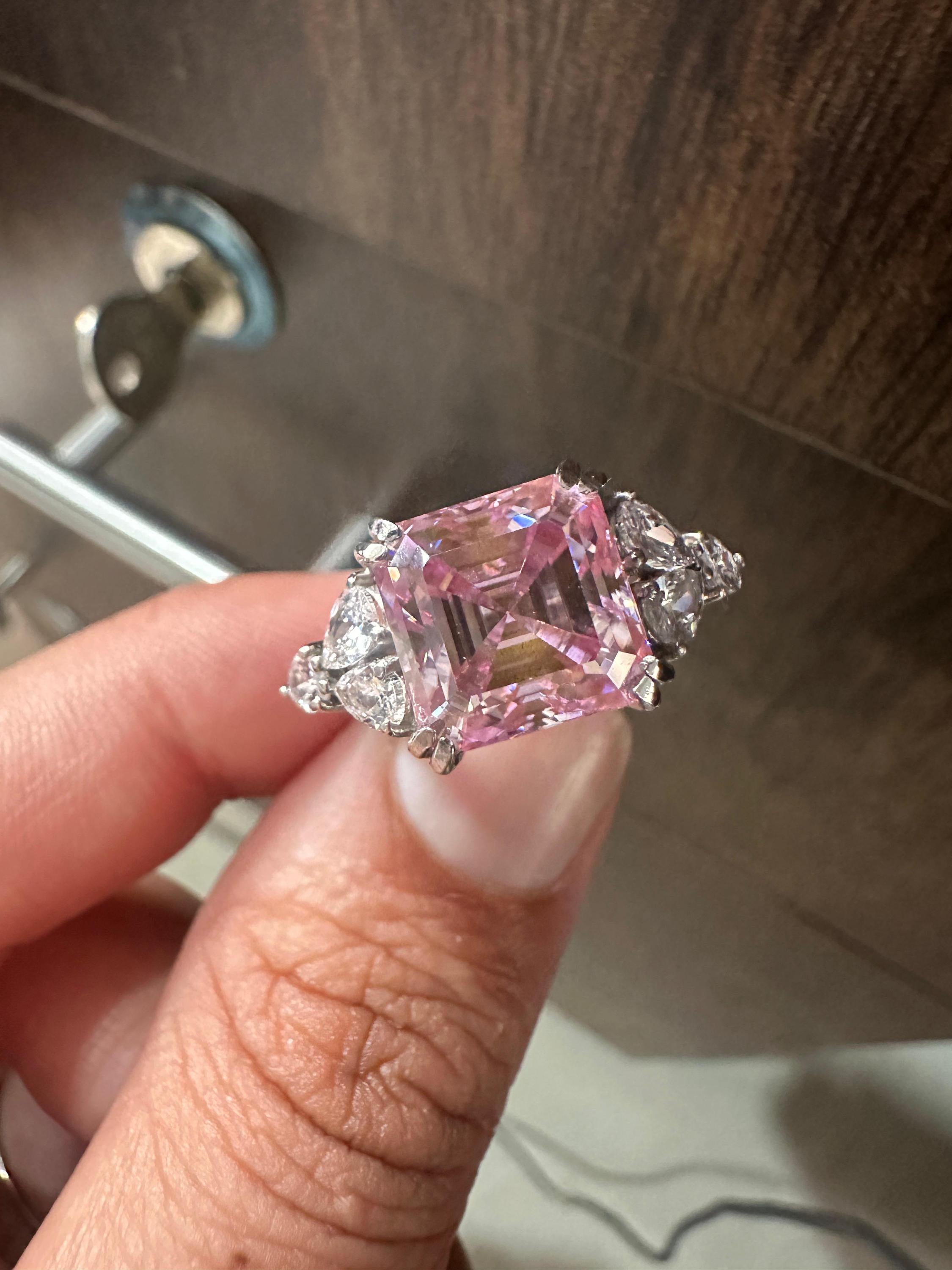4 Ct Ascher cut Pink Moissanite Ring | 14K White Gold, Luxury gift for her