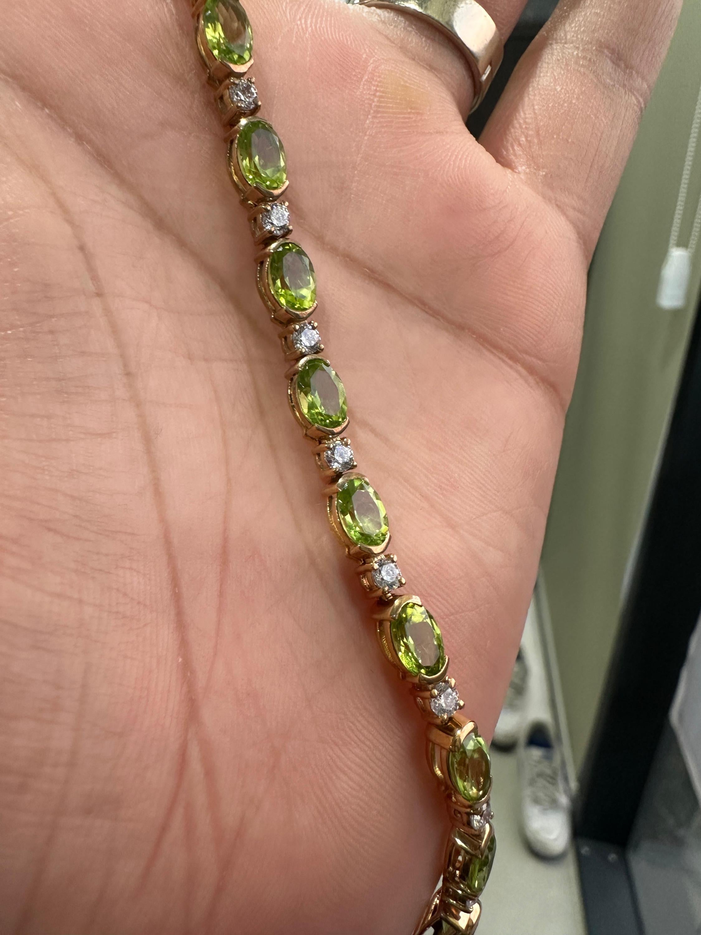 14K Yellow Gold Peridot Tennis Bracelet, Oval Gemstone Moissanite Accents