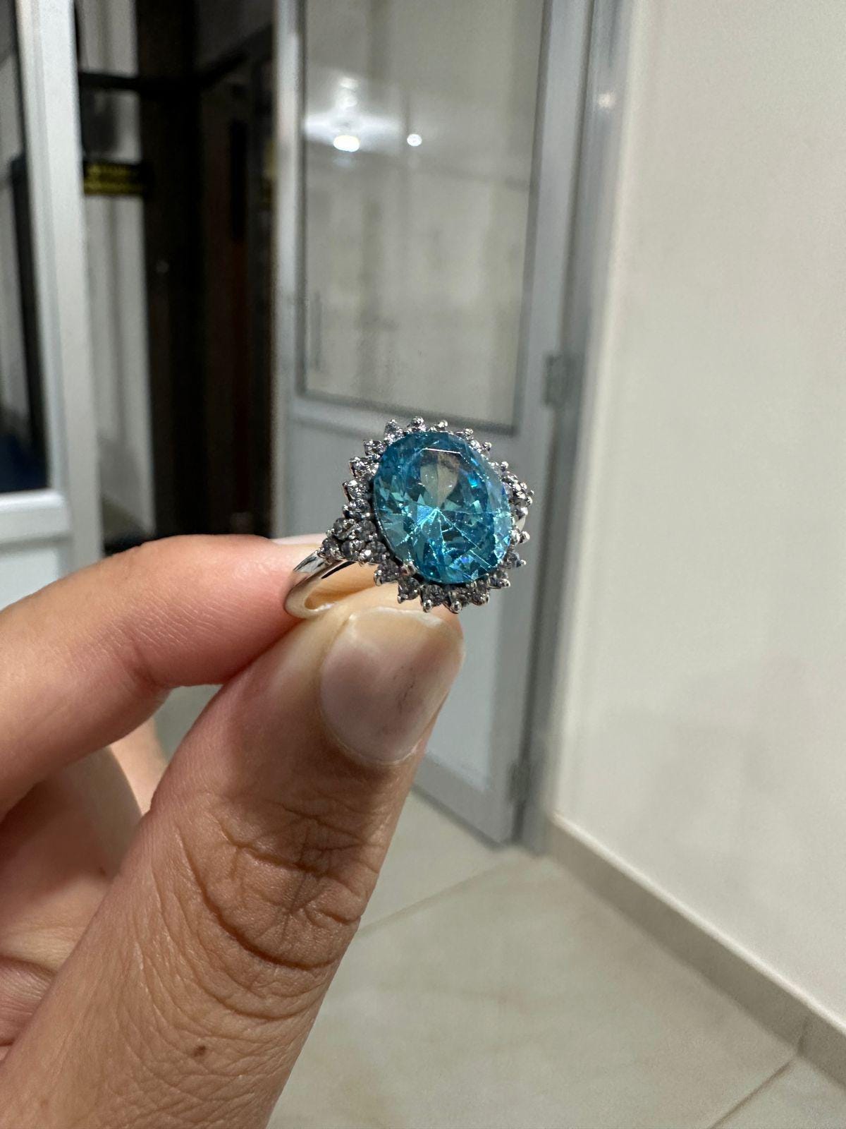 Ice Blue Oval Halo Ring, 925 Sterling Silver Statement Cocktail Ring for women