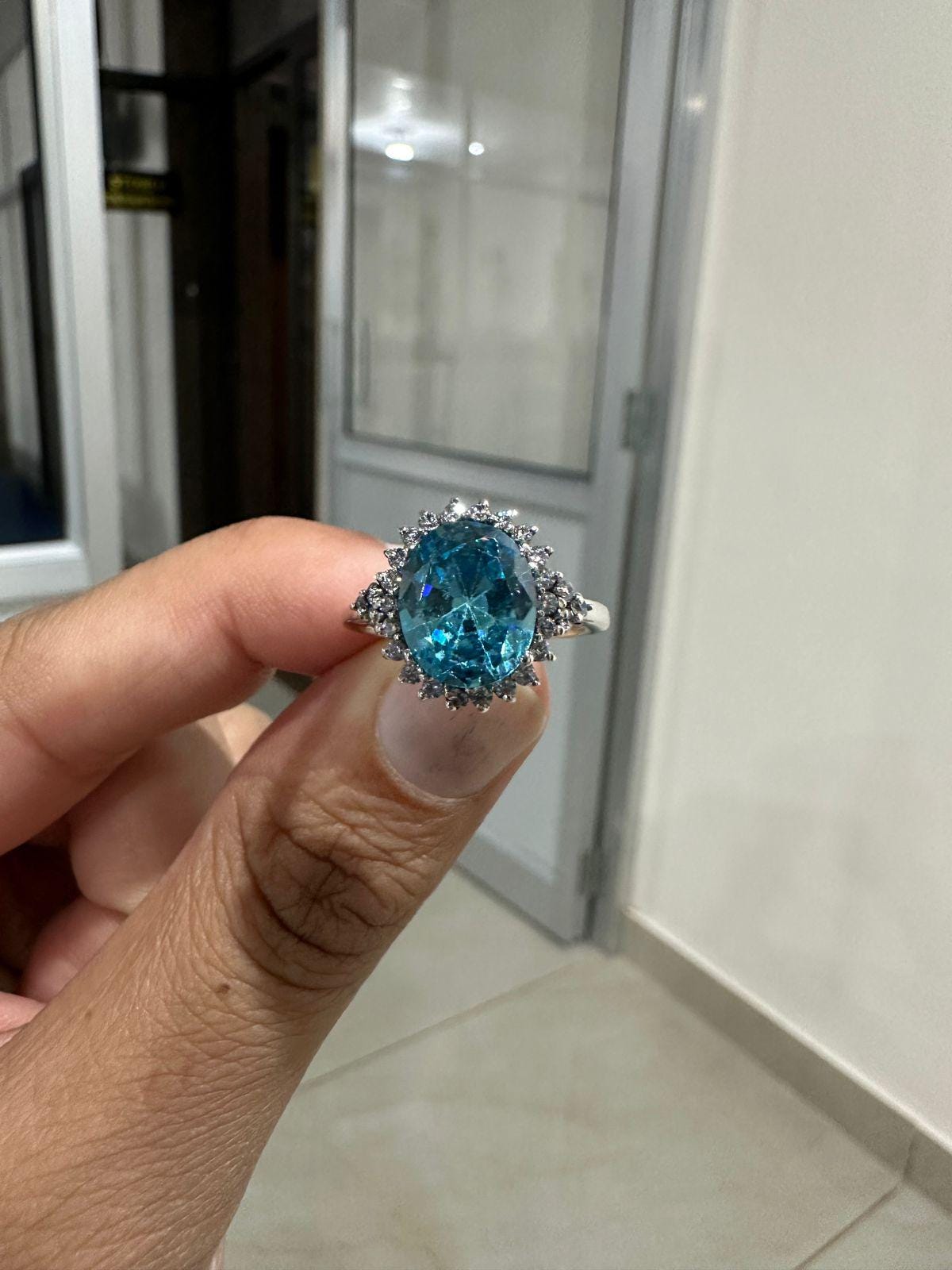 Ice Blue Oval Halo Ring, 925 Sterling Silver Statement Cocktail Ring for women