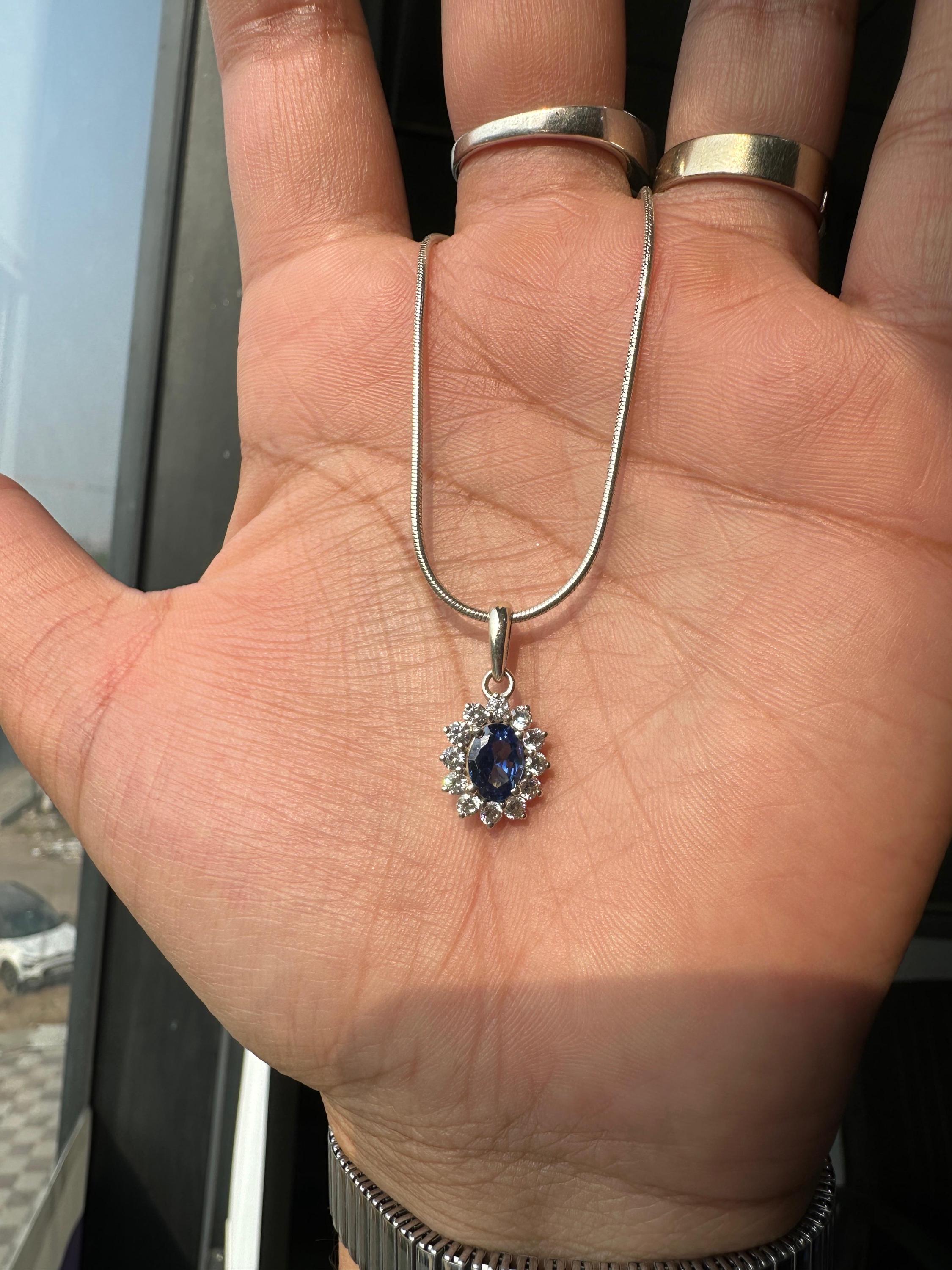 Oval Sapphire Moissanite Halo Pendant Necklace, 925 Sterling Silver Sunflower Jewelry