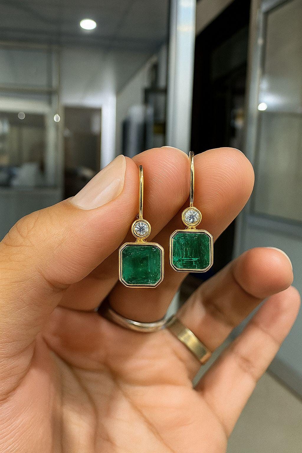 14K Gold Emerald Diamond Lever Back Earrings, Rare Gemstone Earrings