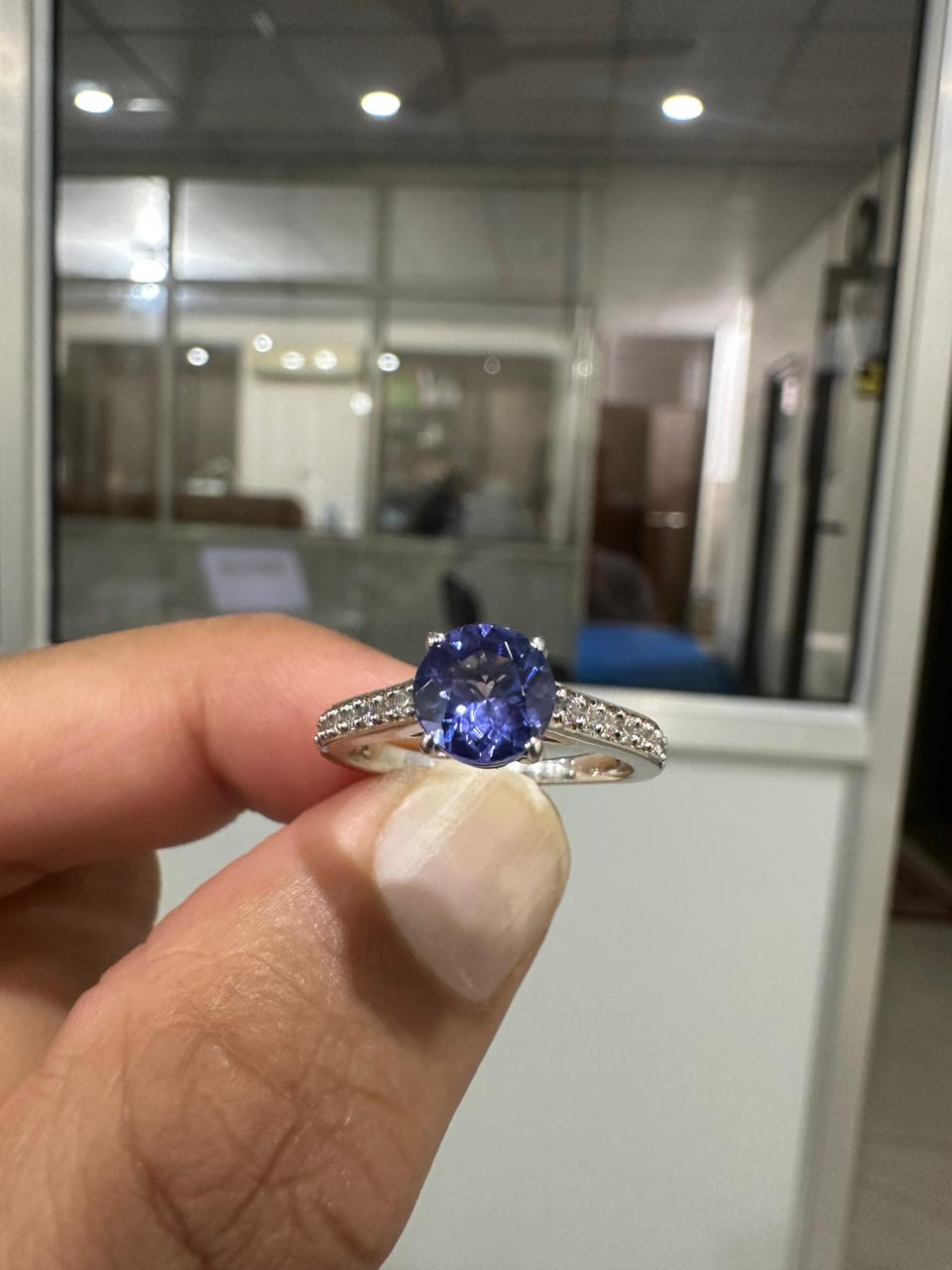 Round Tanzanite Moissanite Ring | 14k White Gold | Minimal Engagement Ring for her