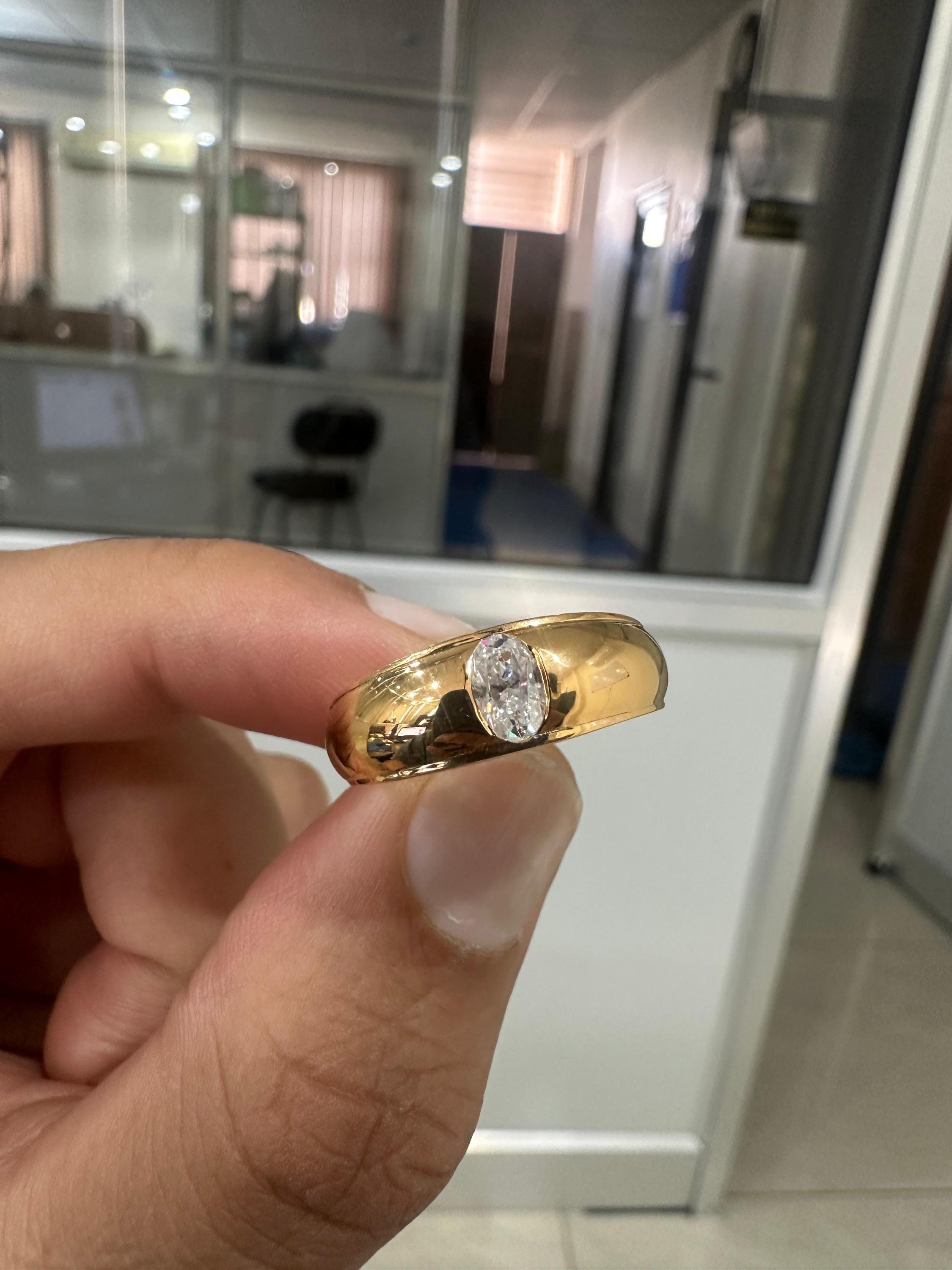 Oval Moissanite Engagement Ring | 14K Gold Bezel Wedding Band