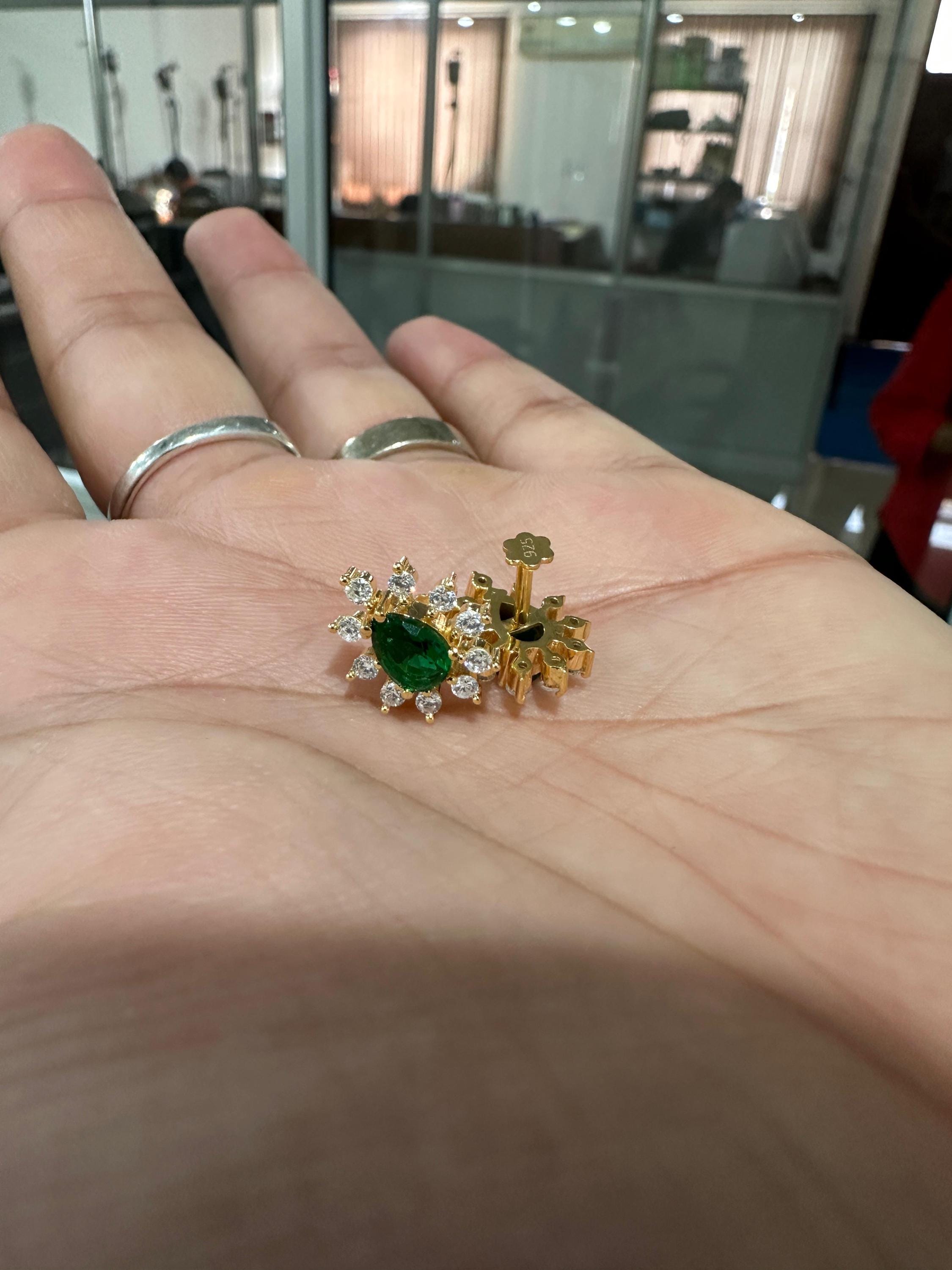 14K Yellow Gold Lab Emerald Earrings | Pear Cut Moissanite Halo Studs