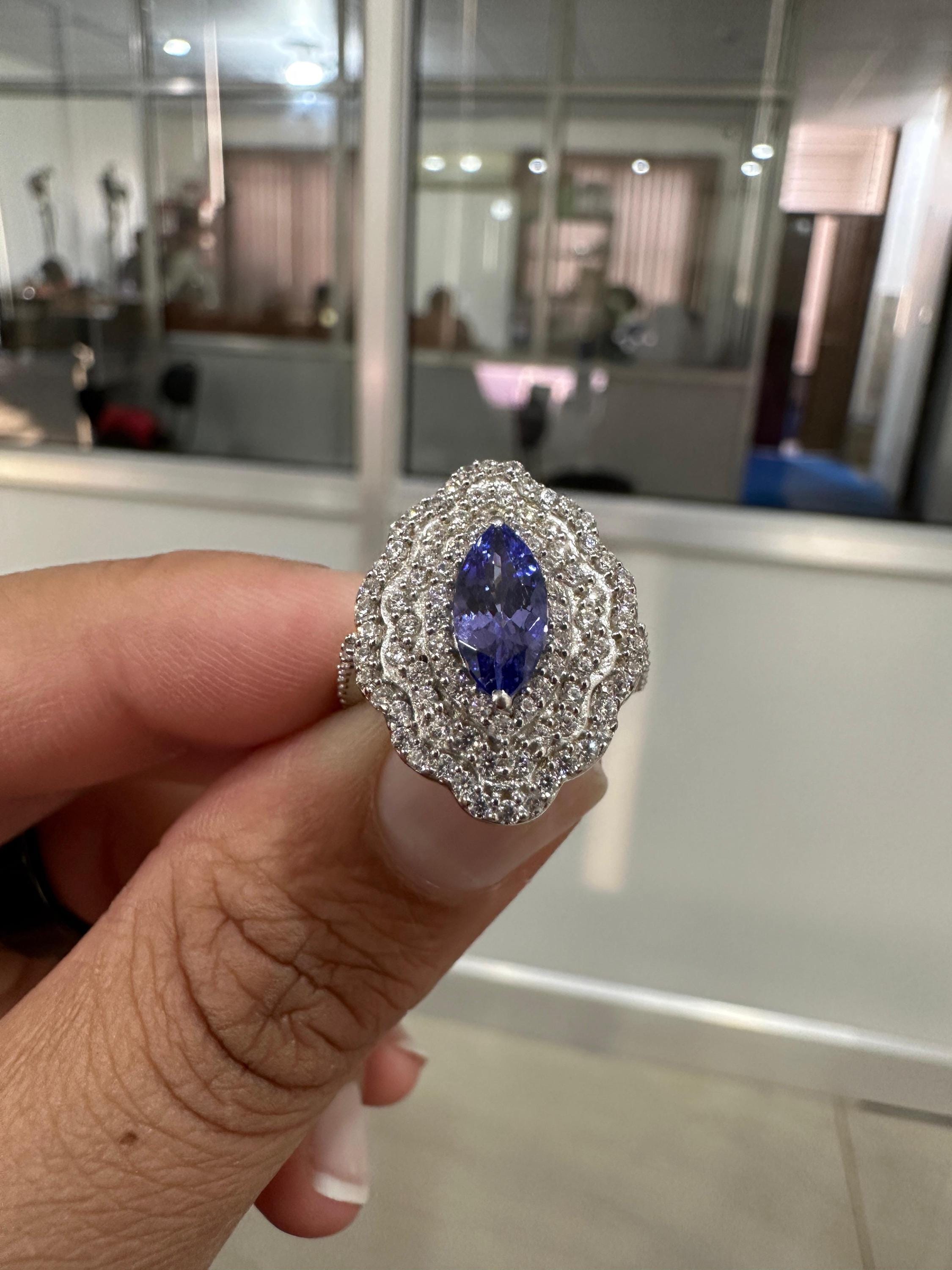 Marquise Tanzanite Halo Engagement Ring, 1.65 CT Blue Purple Gemstone, Moissanite Accents