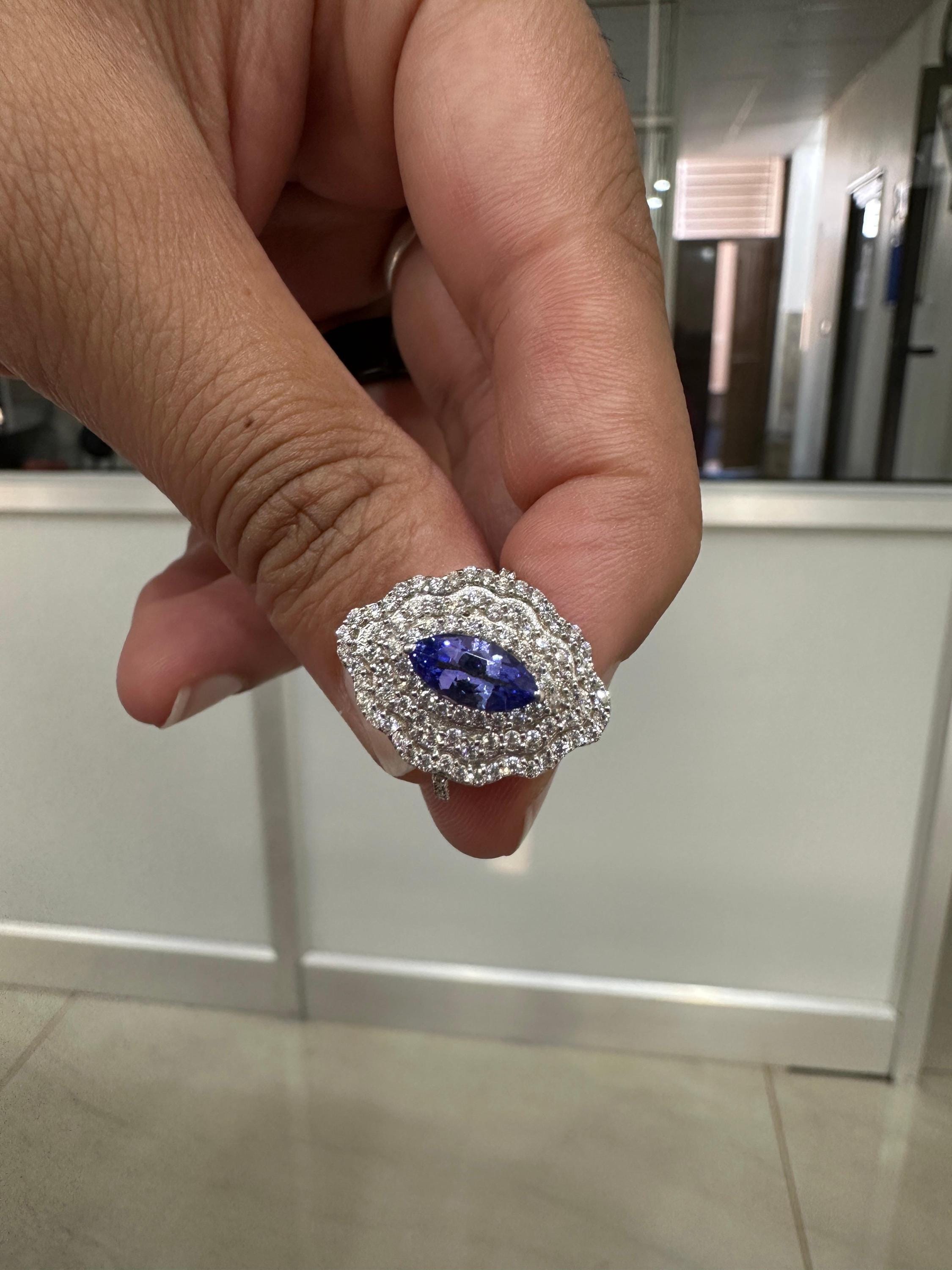 Marquise Tanzanite Halo Engagement Ring, 1.65 CT Blue Purple Gemstone, Moissanite Accents