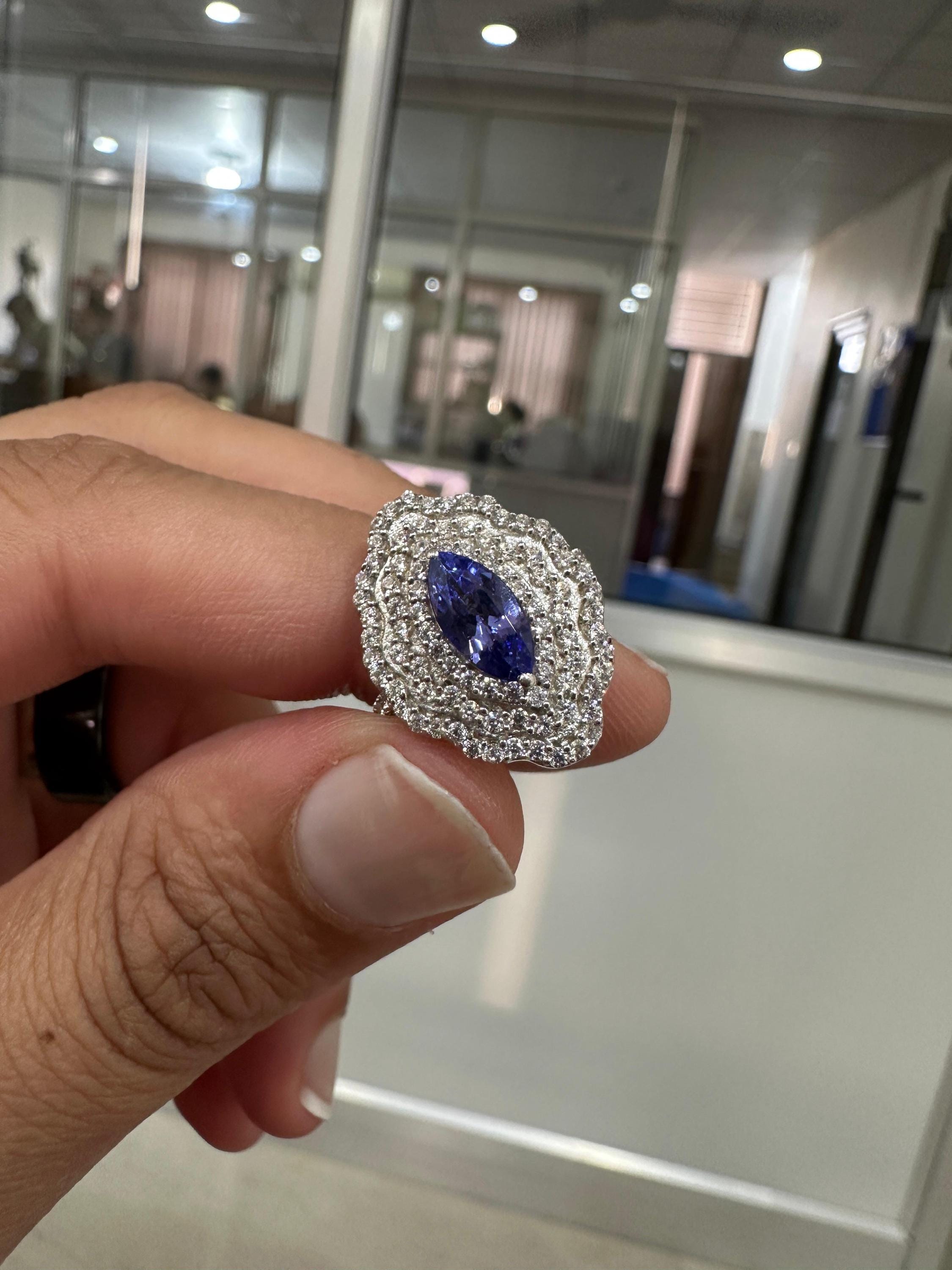 Marquise Tanzanite Halo Engagement Ring, 1.65 CT Blue Purple Gemstone, Moissanite Accents
