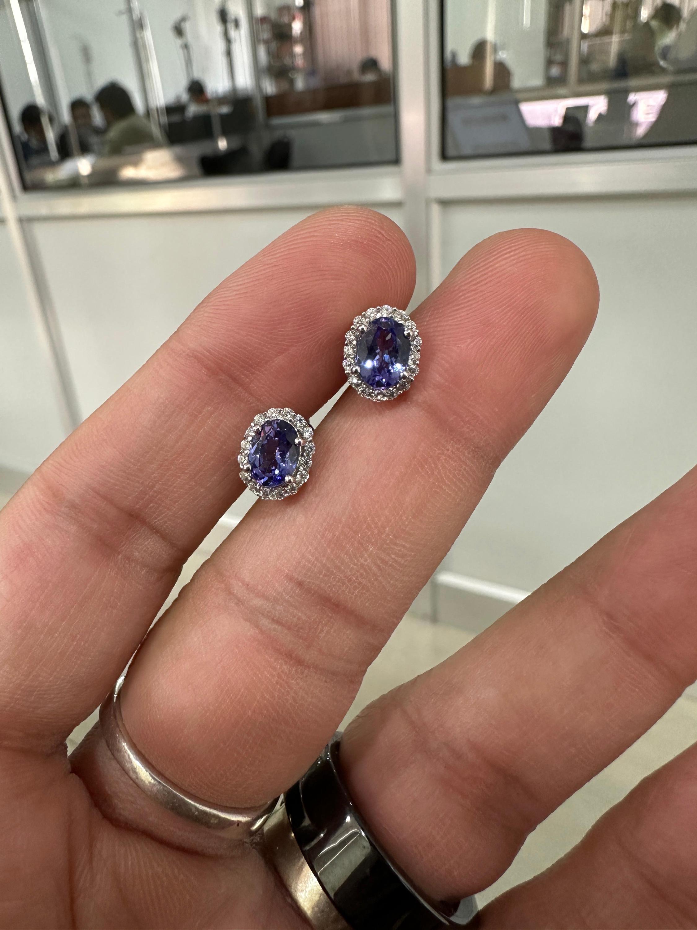 Oval Tanzanite Halo Stud Earrings | 14K White Gold, Moissanite Accents