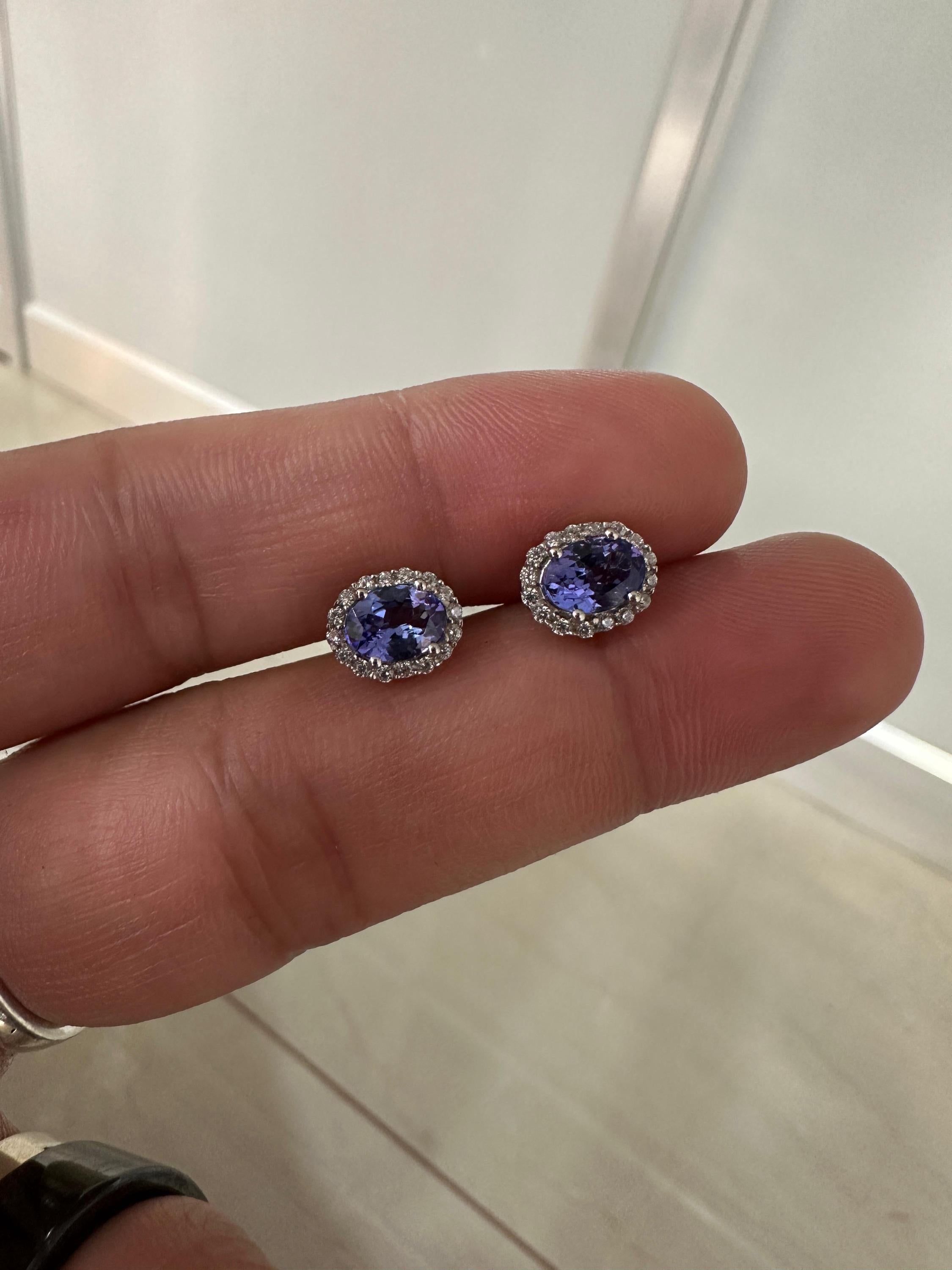 Oval Tanzanite Halo Stud Earrings | 14K White Gold, Moissanite Accents