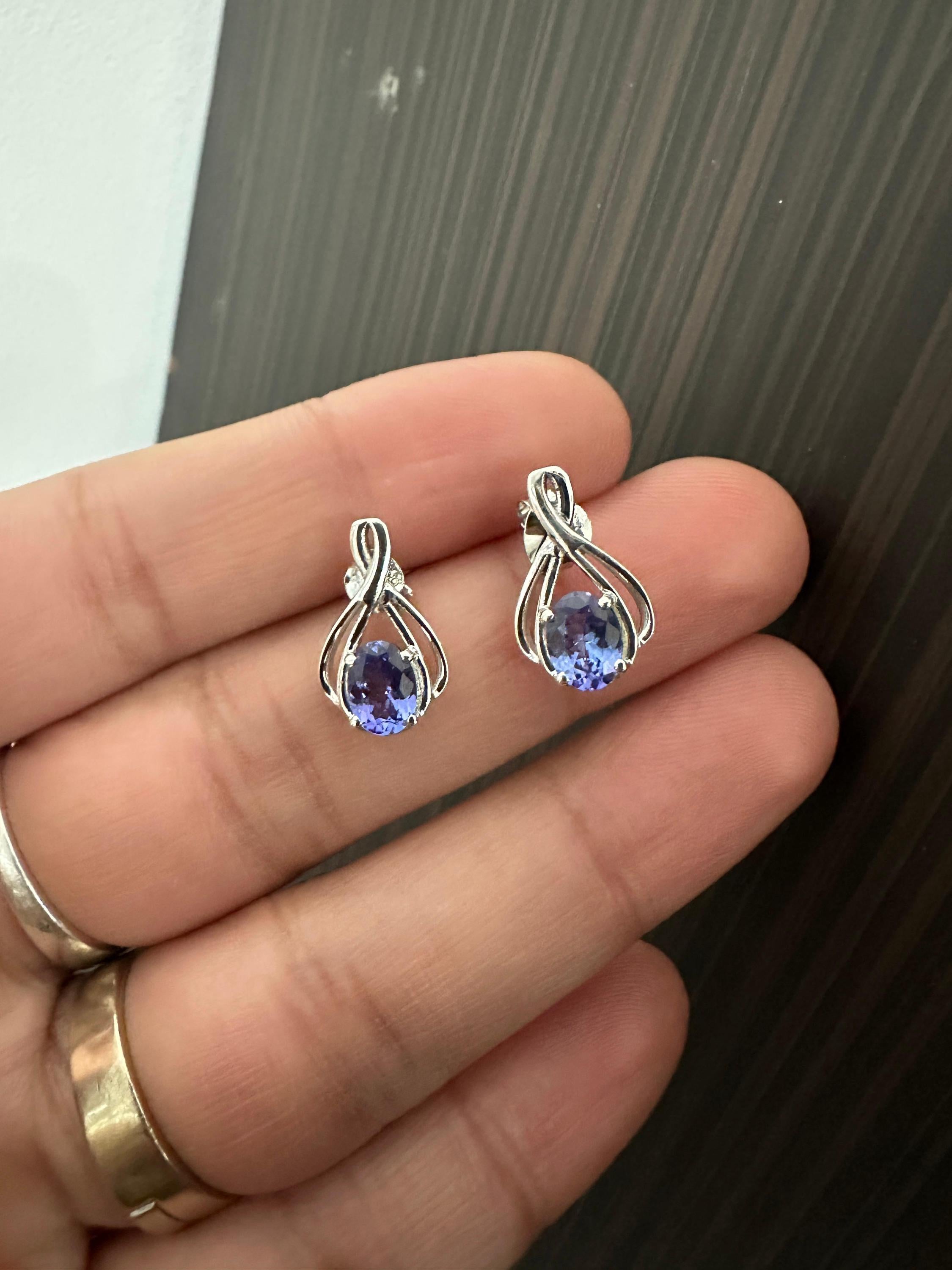 Oval cut Tanzanite Infinity Stud Earrings | 14K White Gold, December Birthstone Jewelry