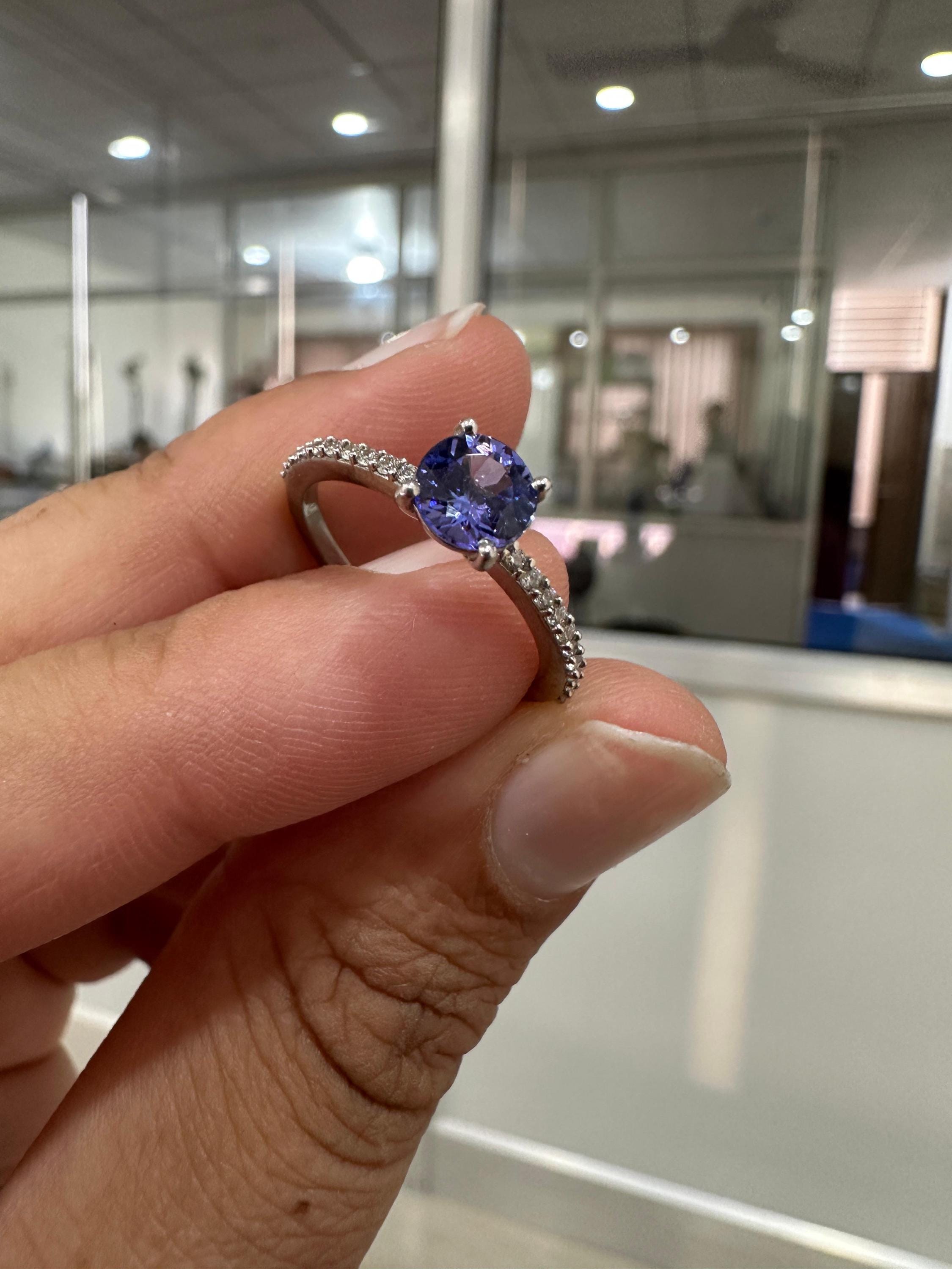 Round cut Tanzanite Diamond Engagement Ring | 14K White Gold | Anniversary Gift for her