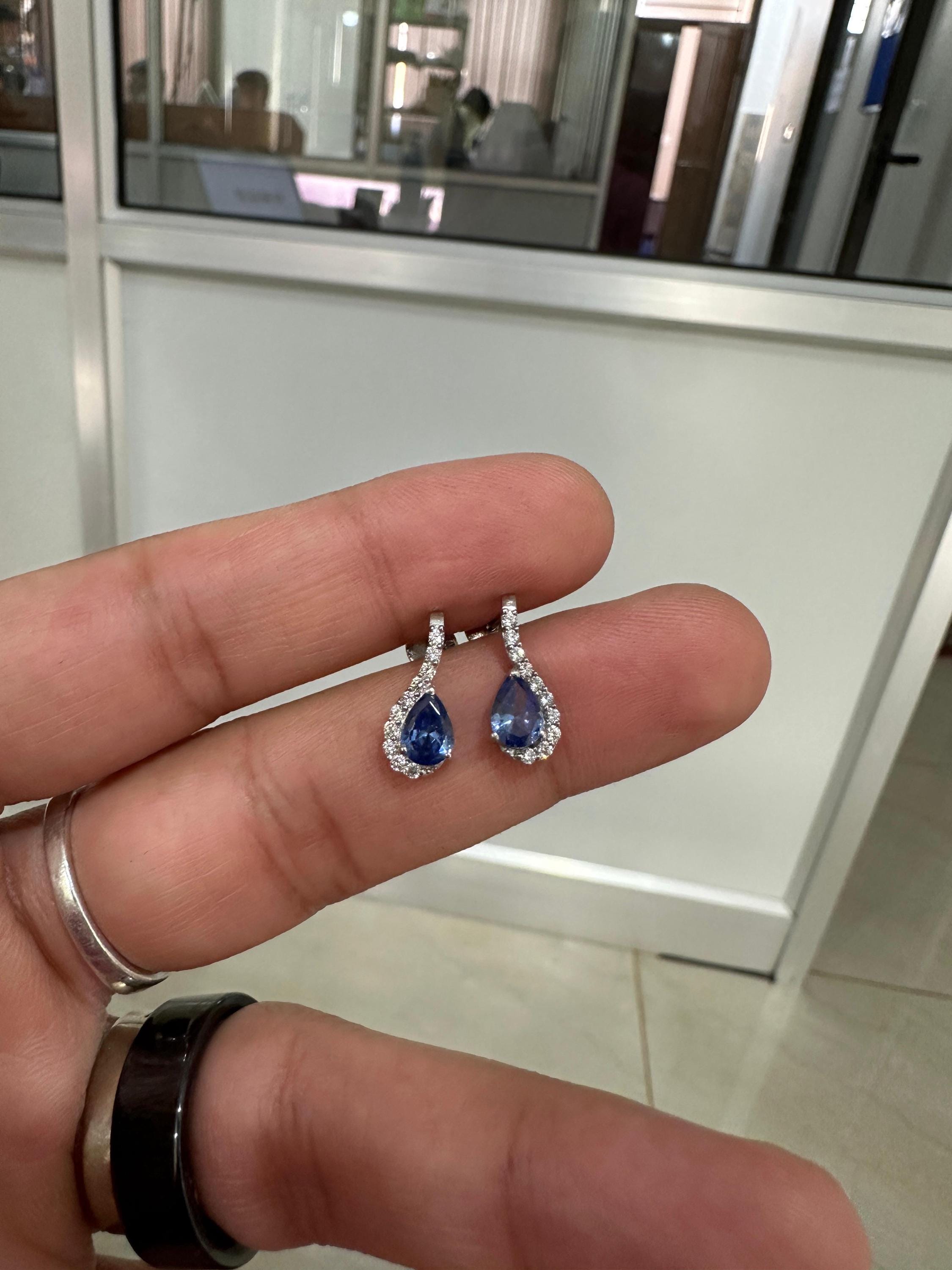 Natural Tanzanite Pear Drop Earrings | 14k White Gold, December Birthstone Jewelry