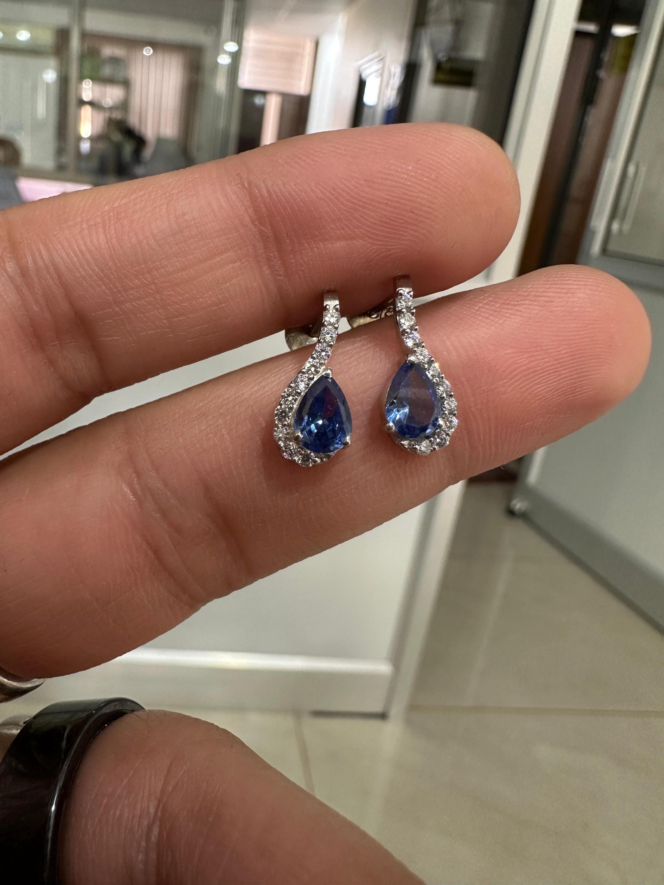 Natural Tanzanite Pear Drop Earrings | 14k White Gold, December Birthstone Jewelry