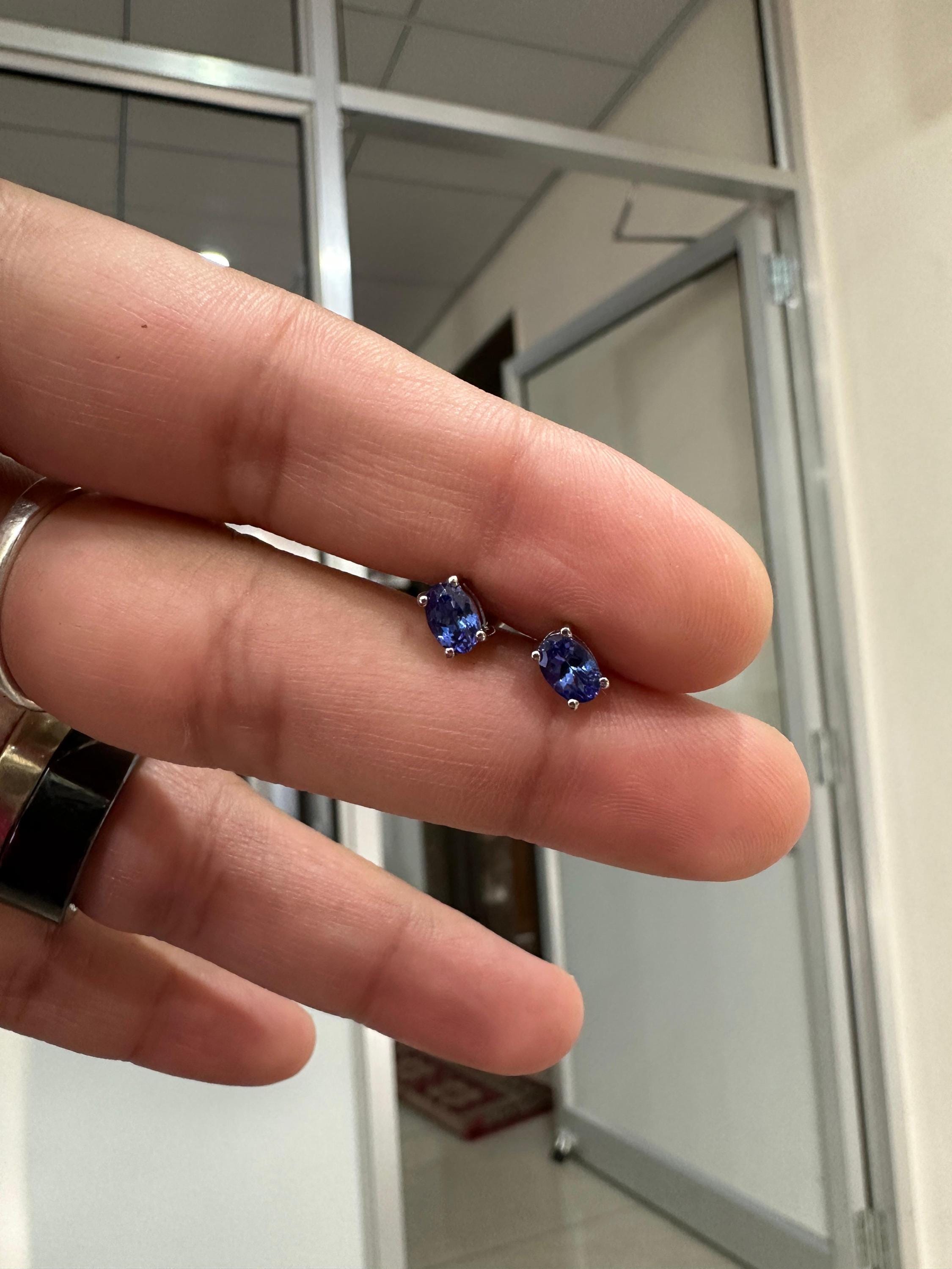 14k Gold Oval Tanzanite Solitaire Studs, December Birthstone, First Anniversary Gift