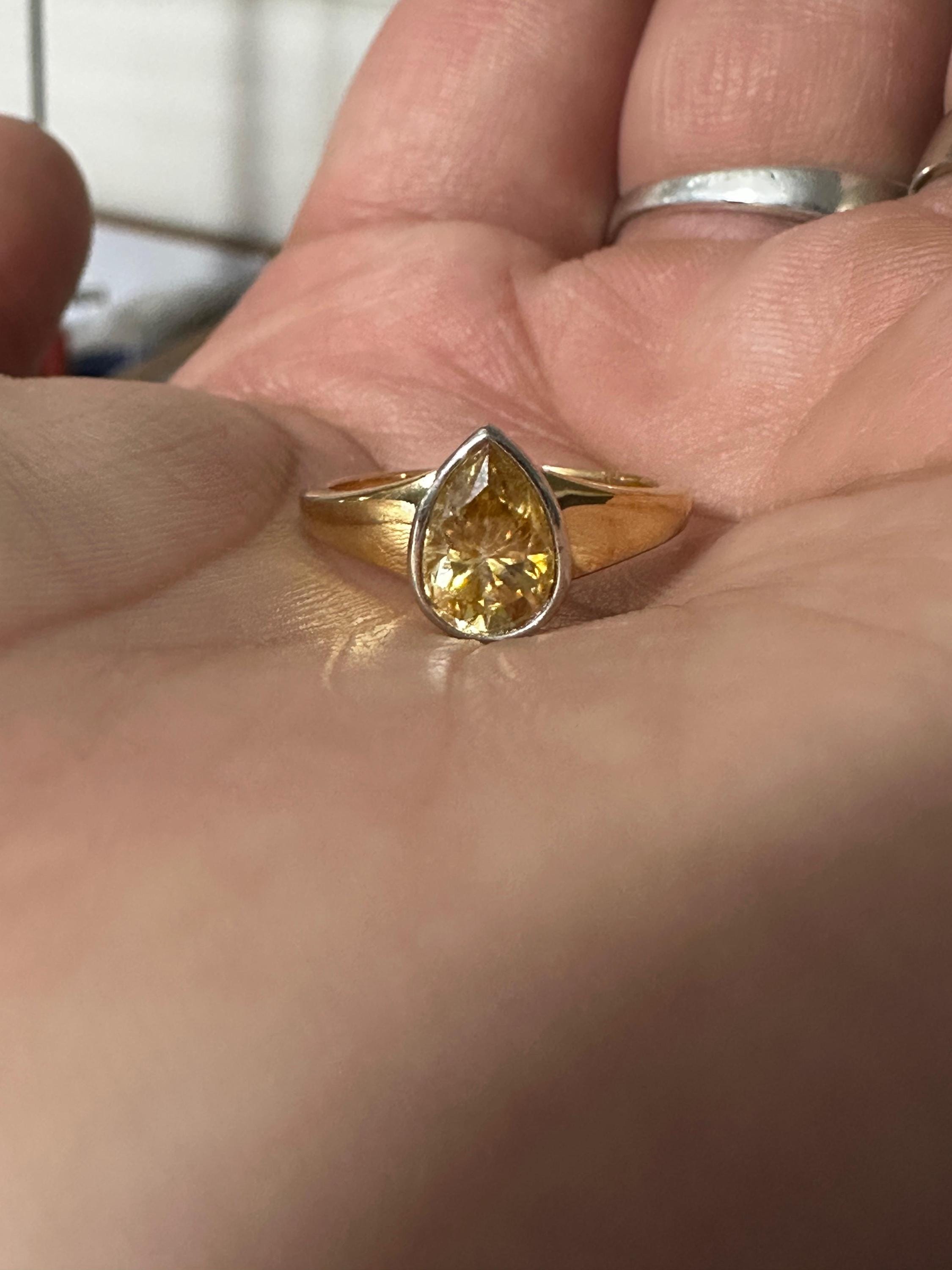 Pear Cut Yellow Moissanite Ring, 14K Gold Bezel Set Engagement Ring, Minimalist Solitaire