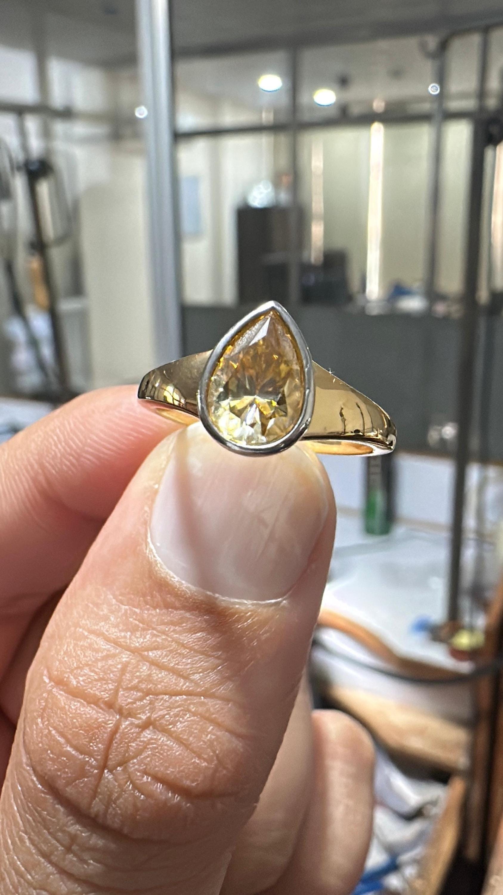 Pear Cut Yellow Moissanite Ring, 14K Gold Bezel Set Engagement Ring, Minimalist Solitaire