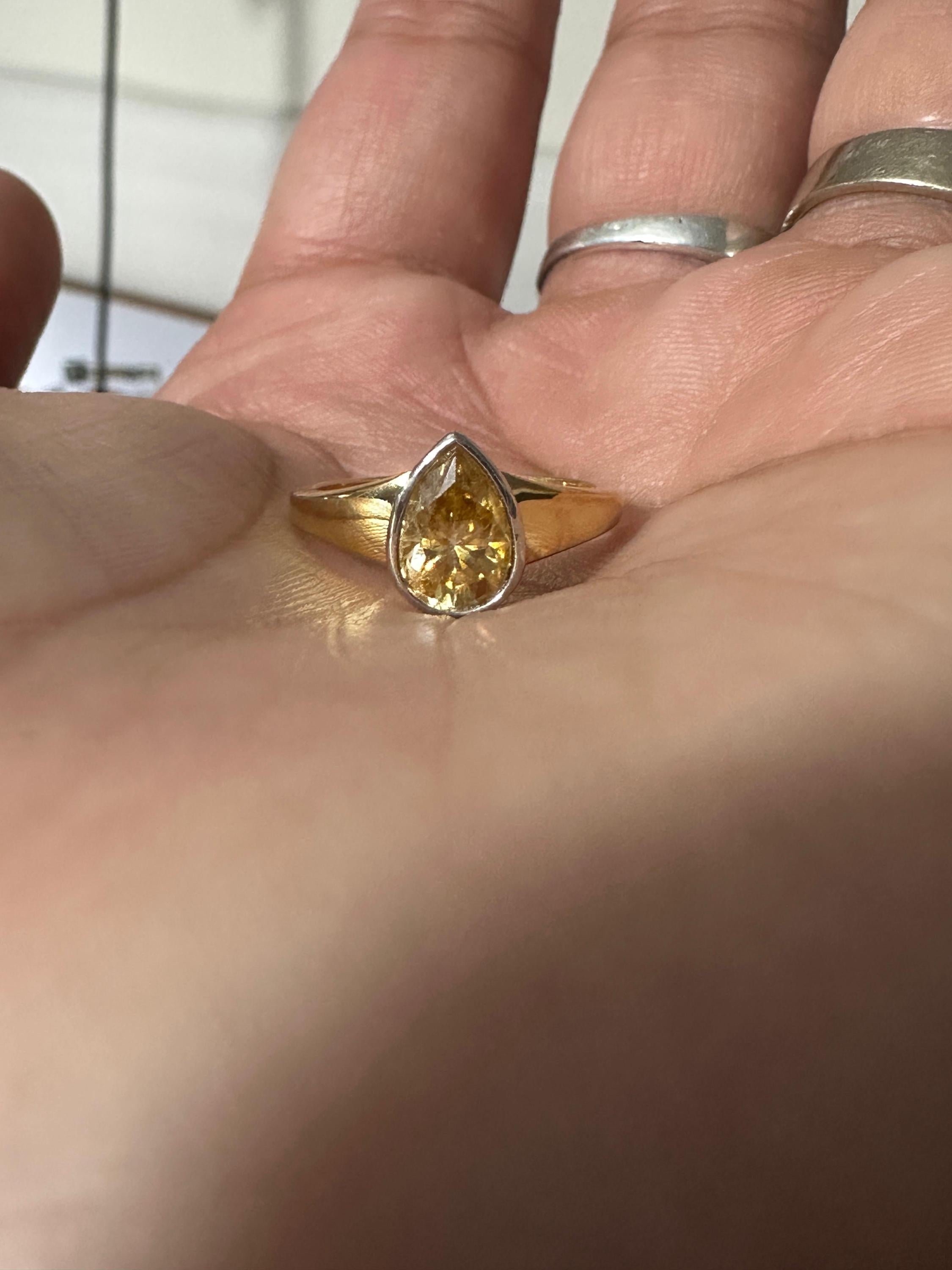 Pear Cut Yellow Moissanite Ring, 14K Gold Bezel Set Engagement Ring, Minimalist Solitaire