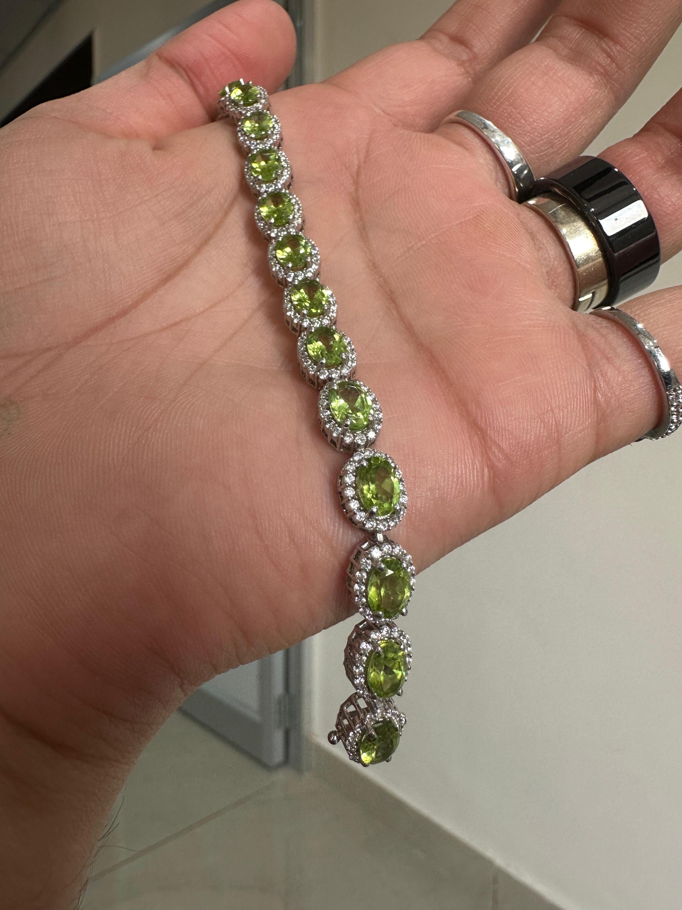 Green Peridot Halo Tennis Bracelet | 925 Sterling Silver, Fine Gemstone Jewelry for gift