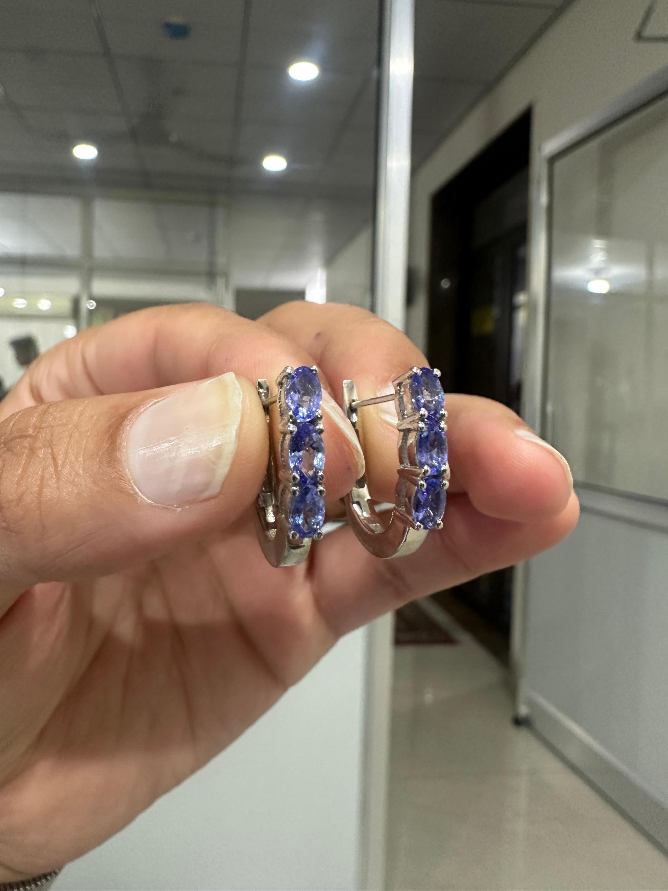 14k White Gold Tanzanite Huggies Hoop Earrings, December Birthstone, Gift for her
