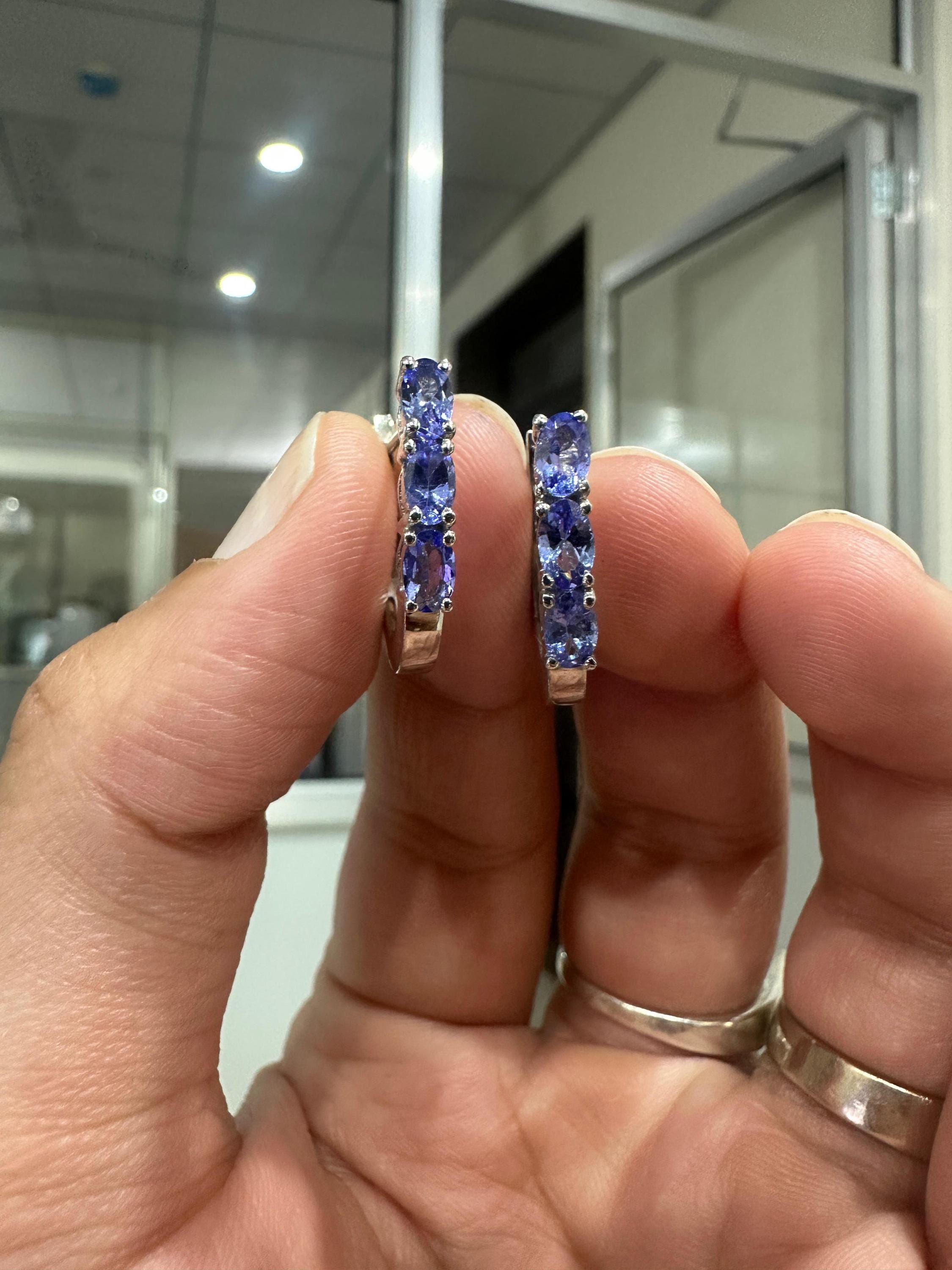 14k White Gold Tanzanite Huggies Hoop Earrings, December Birthstone, Gift for her