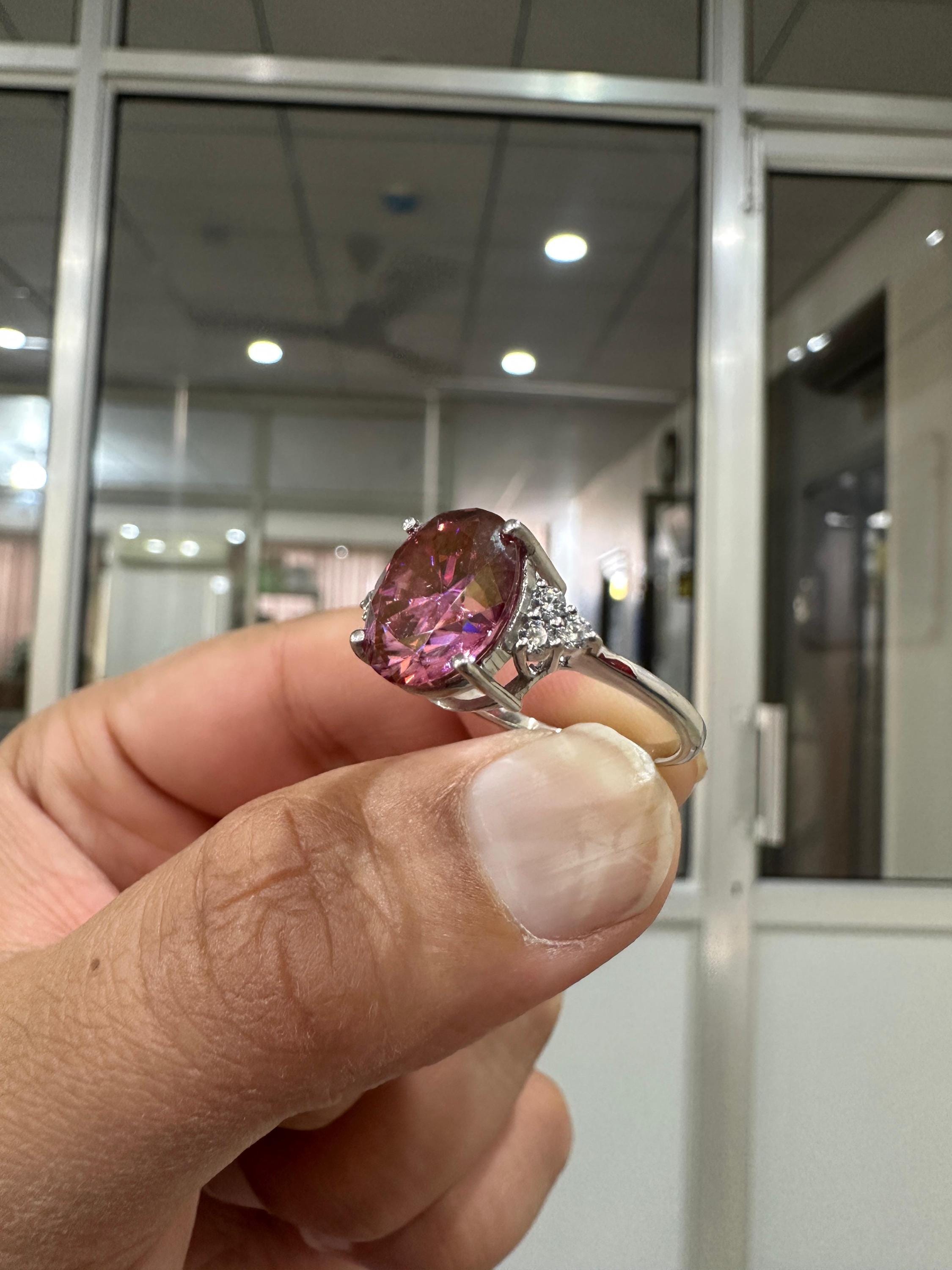6 CT Oval Imperial Pink Moissanite Engagement Ring, 14K White Gold Three Stone Design