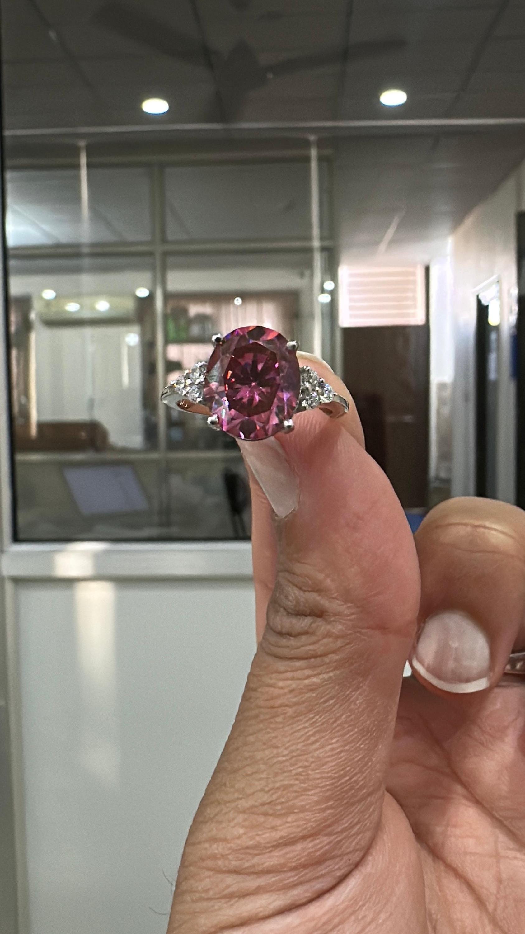 6 CT Oval Imperial Pink Moissanite Engagement Ring, 14K White Gold Three Stone Design
